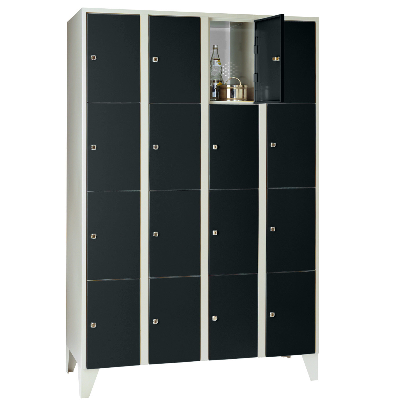 Wolf Fächerschrank Serie 72, Füße, Abteilbreite 300 mm, 4 Abteile à 4 Fächer Tiefschwarz RAL 9005