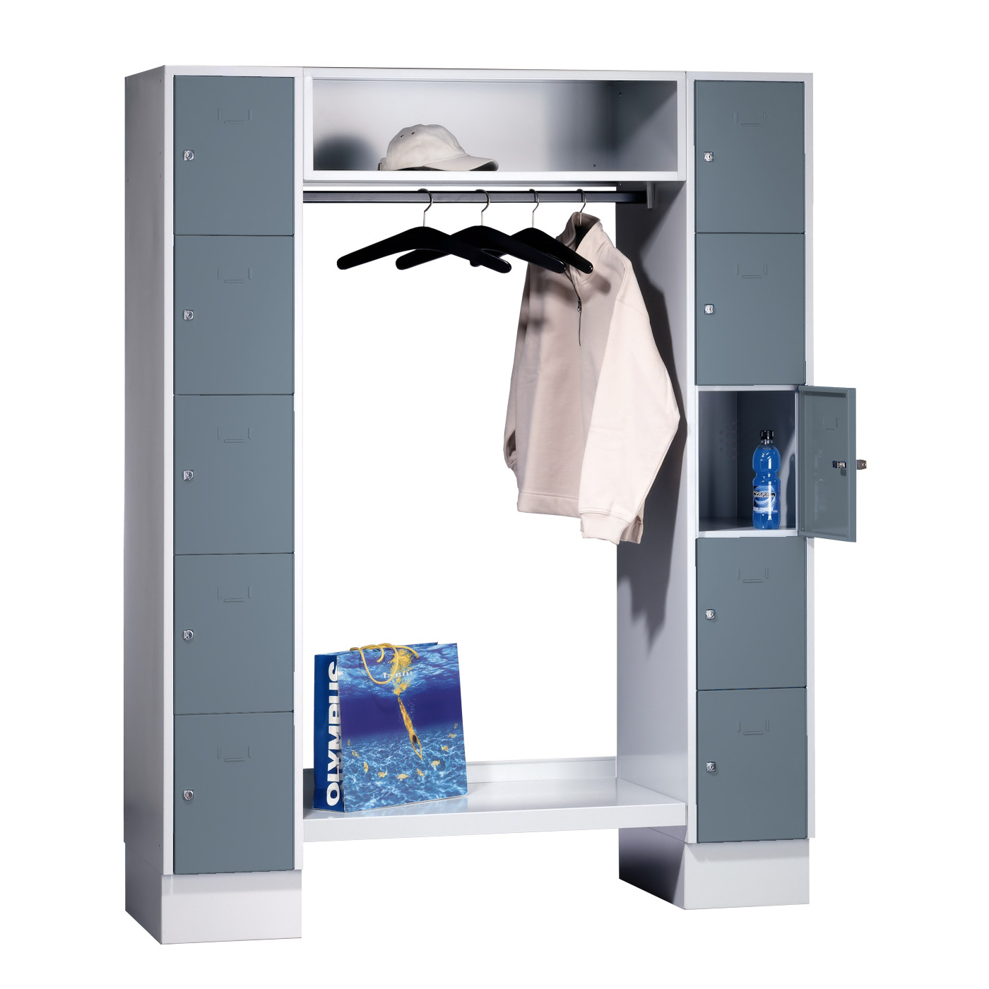 Wolf Schließfachgarderoben-System Serie 78 2 Abteile Breite 300 mm 10 Fächer offene Garderobe Blaugrau RAL 7031