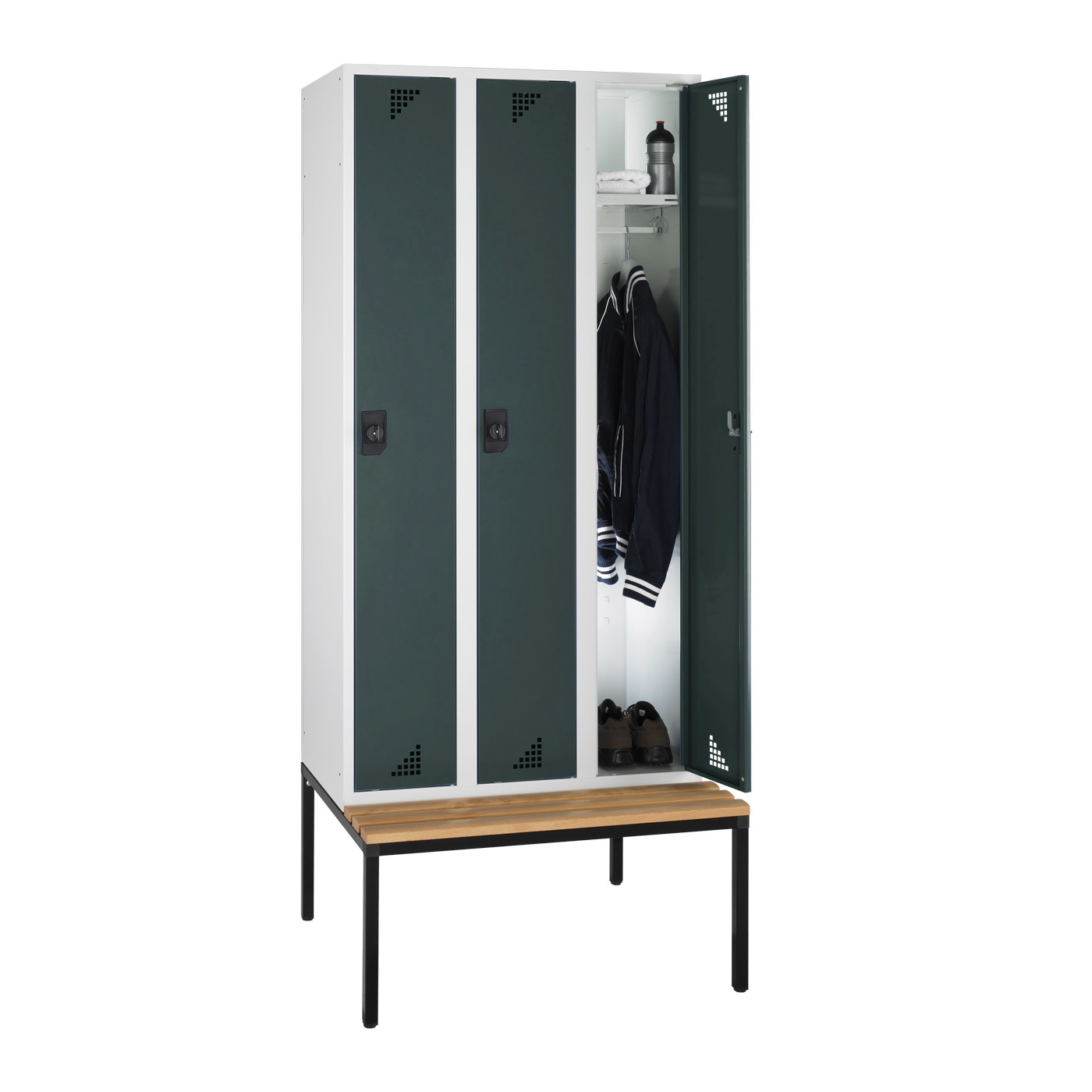 Wolf Spind Serie 82 U mit Sitzbankuntergestell, Abteilbreite 300 mm, 3 Abteile Anthrazitgrau RAL 7016