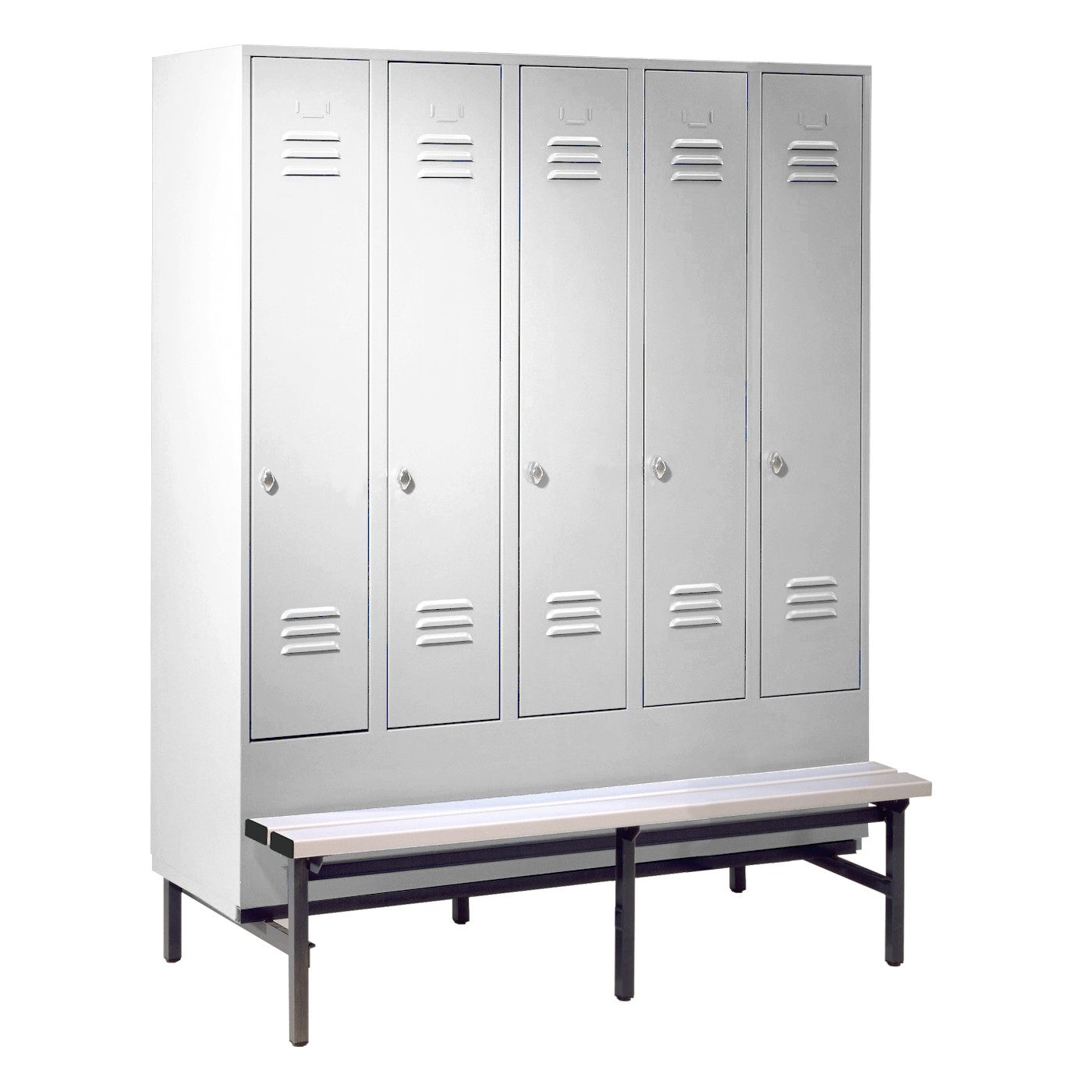 Wolf Spind Serie 75 GU mit Sitzbankuntergestell, Abteilbreite 300 mm, 5 Abteile Lichtgrau RAL 7035