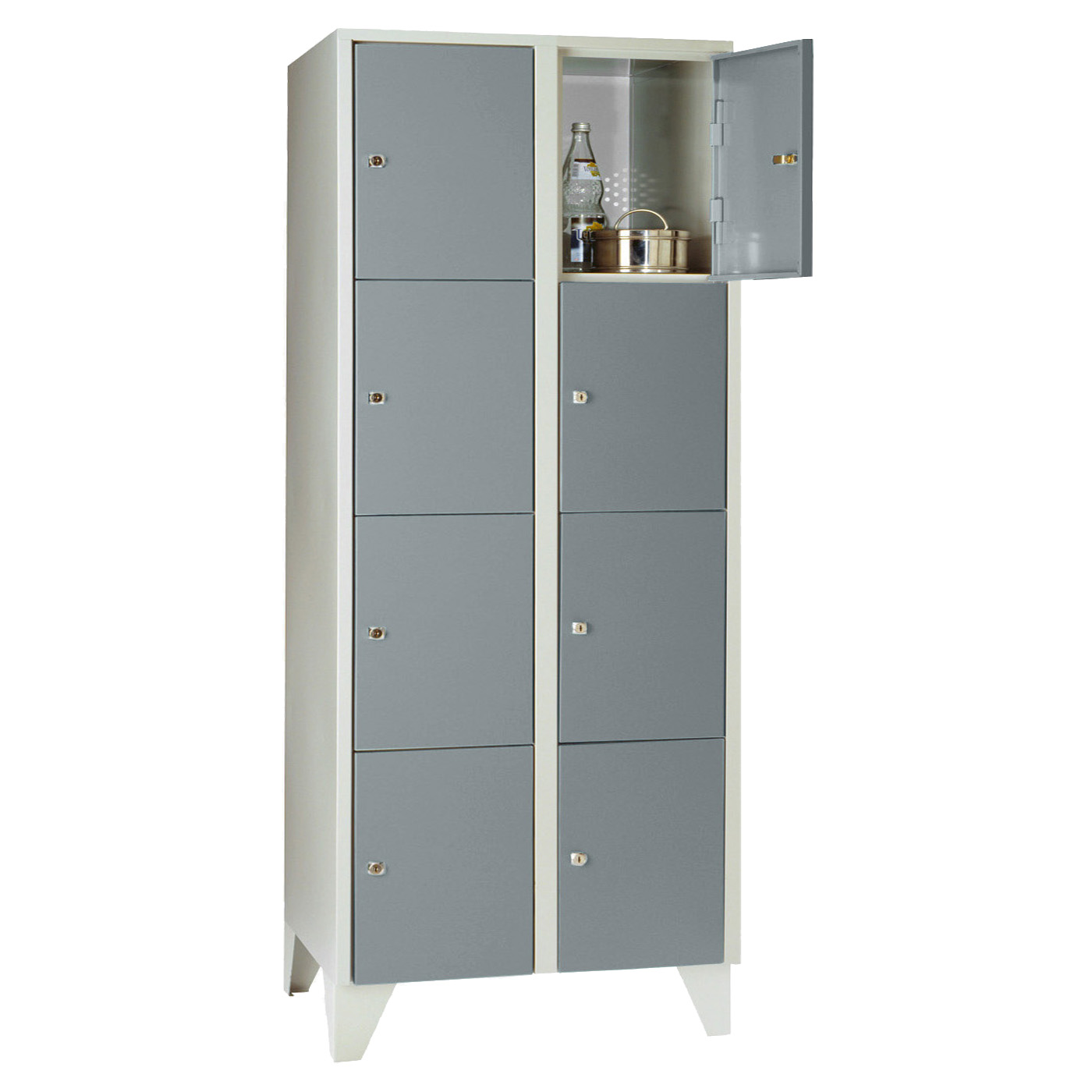 Wolf Fächerschrank Serie 72, Füße, Abteilbreite 400 mm, 2 Abteile à 4 Fächer Blaugrau RAL 7031