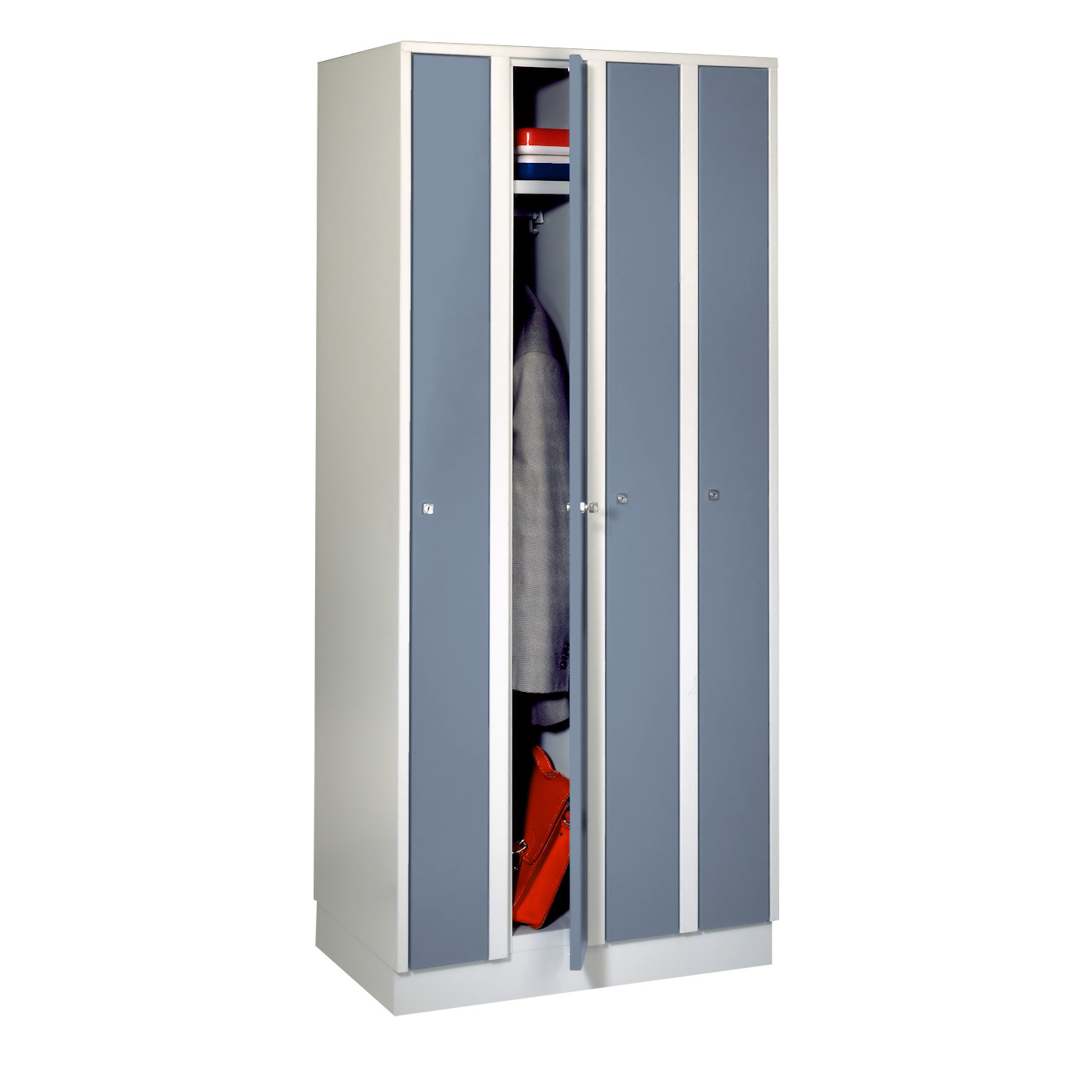 Wolf Raumspar-Spind Serie 71 R, Sockel, 4 Abteile mit einer Abteilbreite von je 200 mm Blaugrau RAL 7031