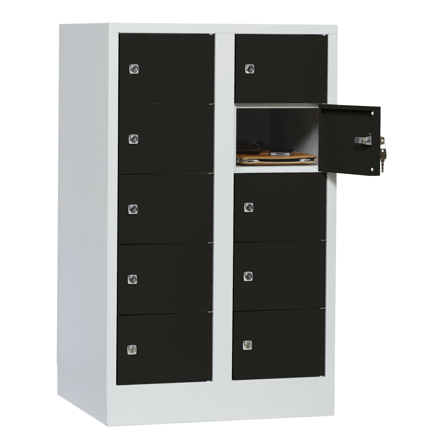 Wolf Kleingefachschrank Serie 41, Sockel, Abteilbreite 300 mm, 2 Abteile à 5 Fächer Tiefschwarz RAL 9005