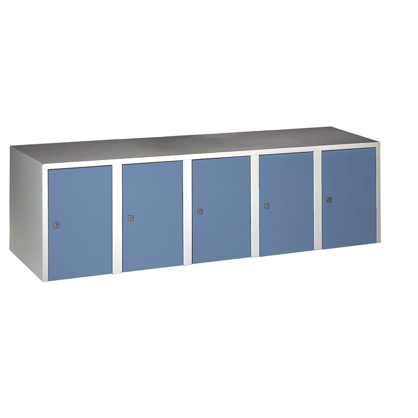 Wolf Aufsatzschrank Serie 73 , Sockel, Abteilbreite 300 mm, 5 Abteile Taubenblau RAL 5014
