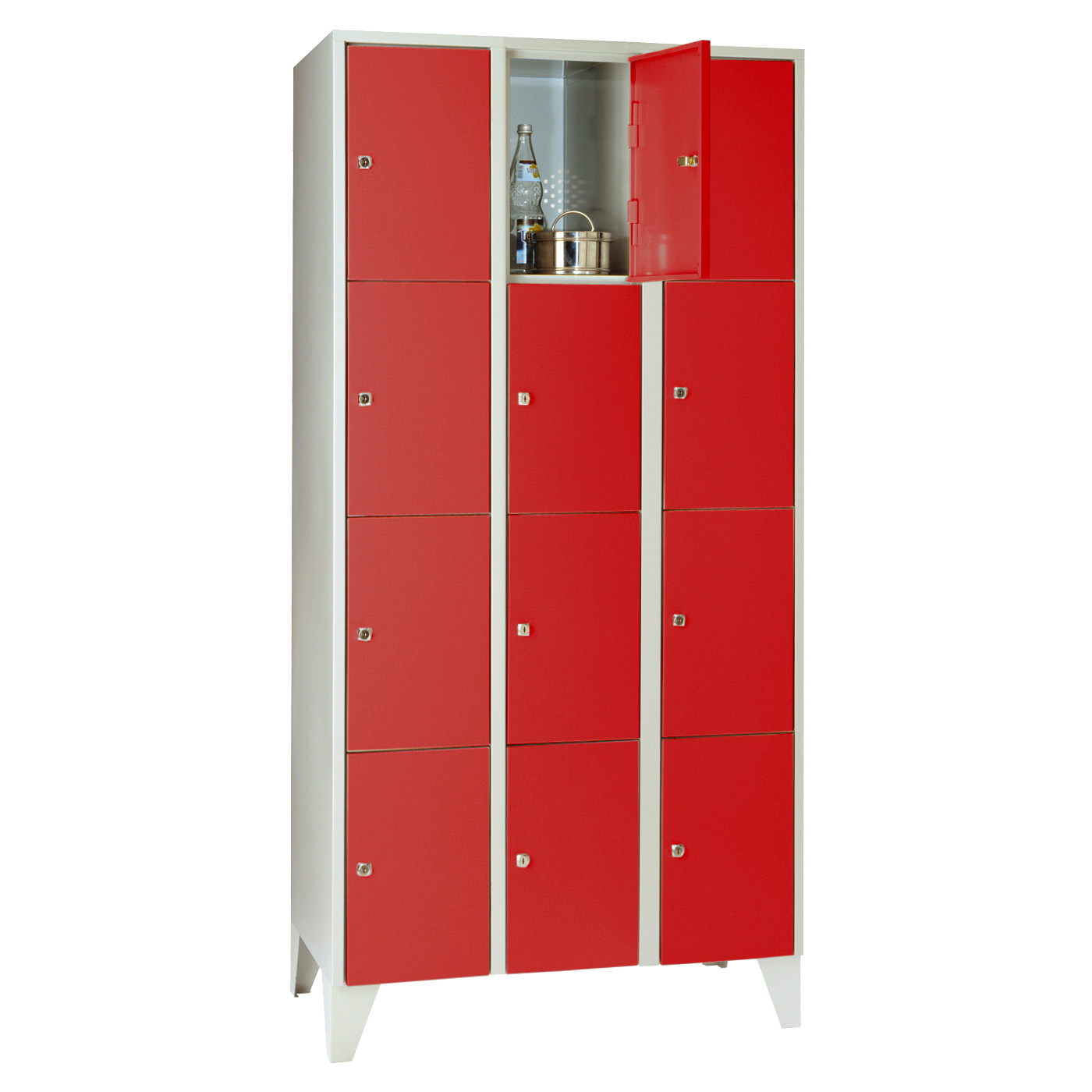 Wolf Fächerschrank Serie 72, Füße, Abteilbreite 300 mm, 3 Abteile à 4 Fächer Feuerrot RAL 3000