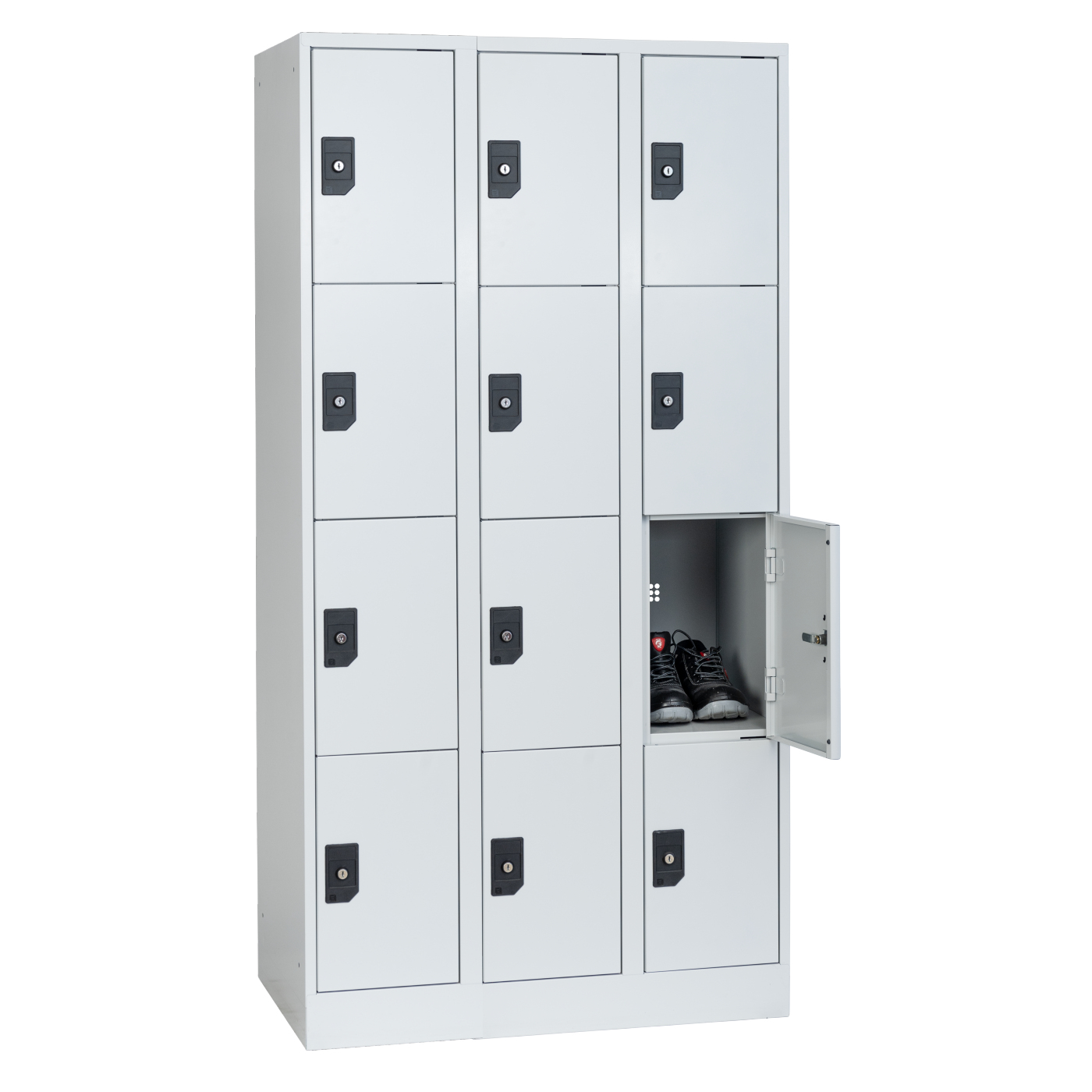 Wolf Fächerschrank Serie 96, Sockel, Abteilbreite 300 mm, 3 Abteile à 4 Fächer Lichtgrau RAL 7035