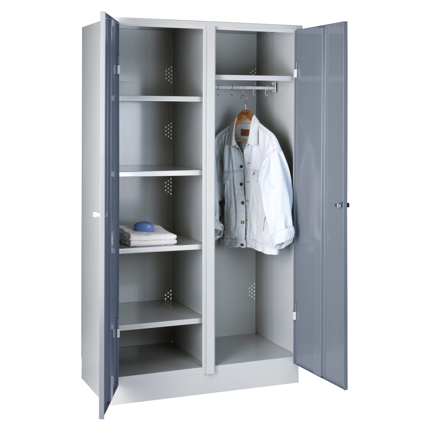 Wolf Garderoben-Wäscheschrank und Spind Serie 75 C, Sockel, Abteilbreite 500 mm, 2 Abteile Blaugrau RAL 7031