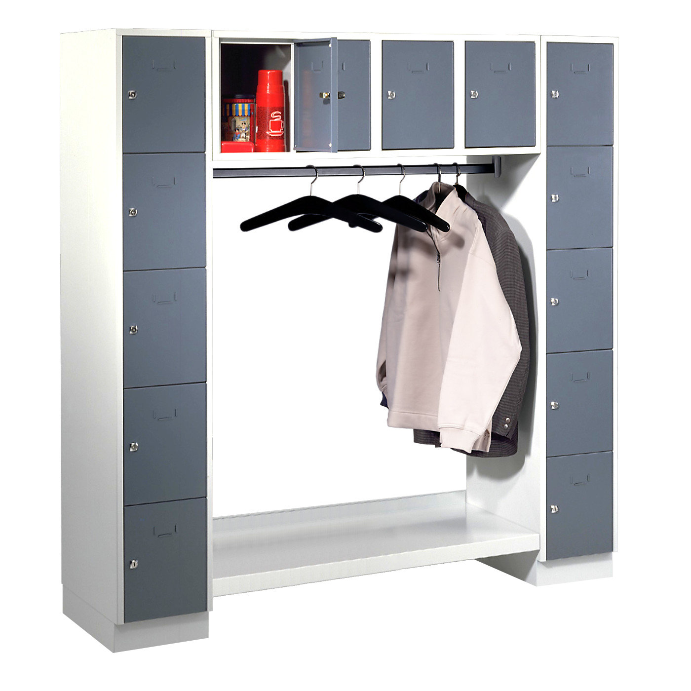 Wolf Schließfachgarderoben-System Serie 78 2 Abteile Breite 300 mm 14 Fächer offene Garderobe Blaugrau RAL 7031