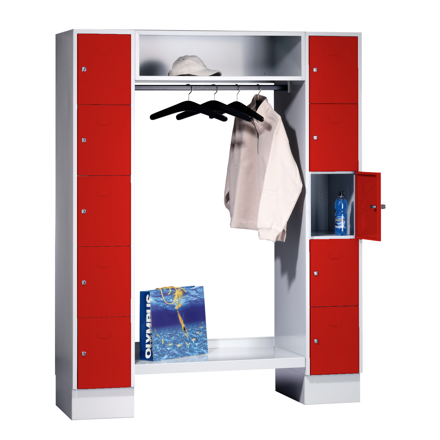 Wolf Schließfachgarderoben-System Serie 78 2 Abteile Breite 300 mm 10 Fächer offene Garderobe Feuerrot RAL 3000