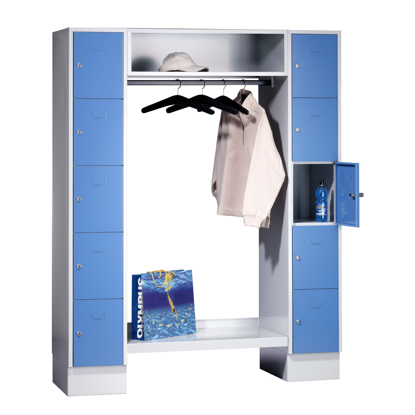 Wolf Schließfachgarderoben-System Serie 78 2 Abteile Breite 300 mm 10 Fächer offene Garderobe Lichtblau RAL 5012