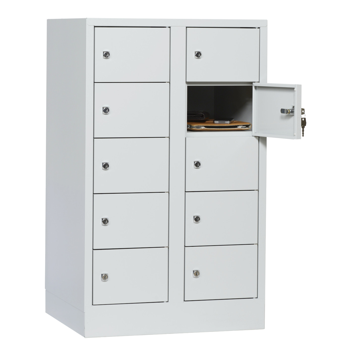 Wolf Kleingefachschrank Serie 41, Sockel, Abteilbreite 300 mm, 2 Abteile à 5 Fächer Lichtgrau RAL 7035