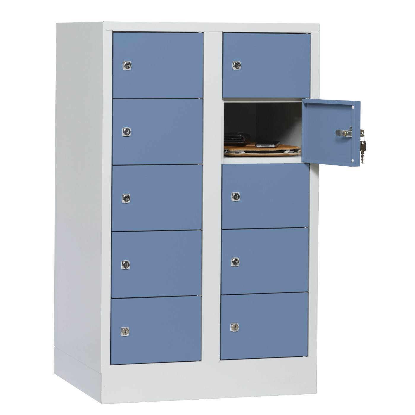 Wolf Kleingefachschrank Serie 41, Sockel, Abteilbreite 300 mm, 2 Abteile à 5 Fächer Taubenblau RAL 5014