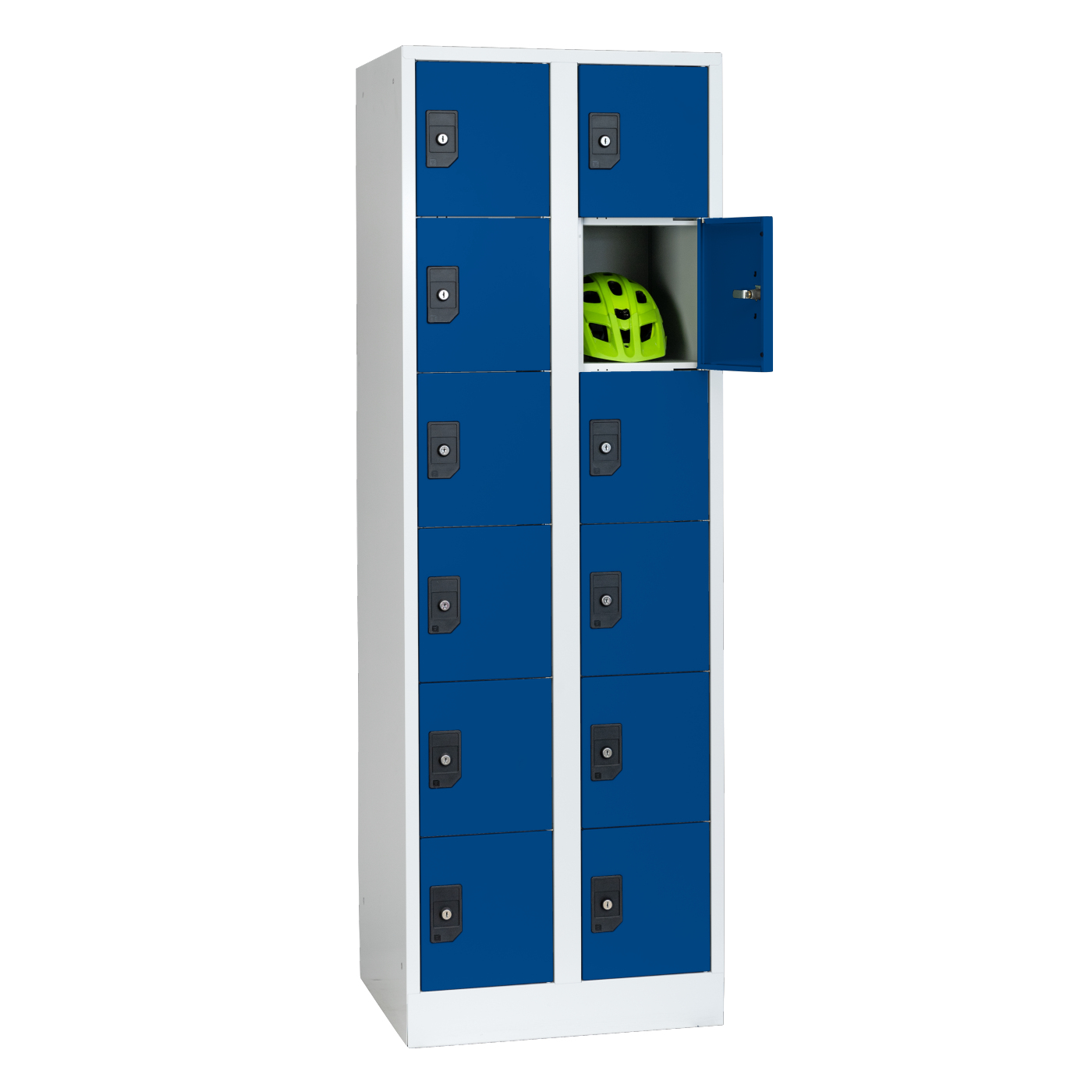 Wolf Fächerschrank Serie 96, Sockel, Abteilbreite 300 mm, 2 Abteile à 6 Fächer Enzianblau RAL 5010