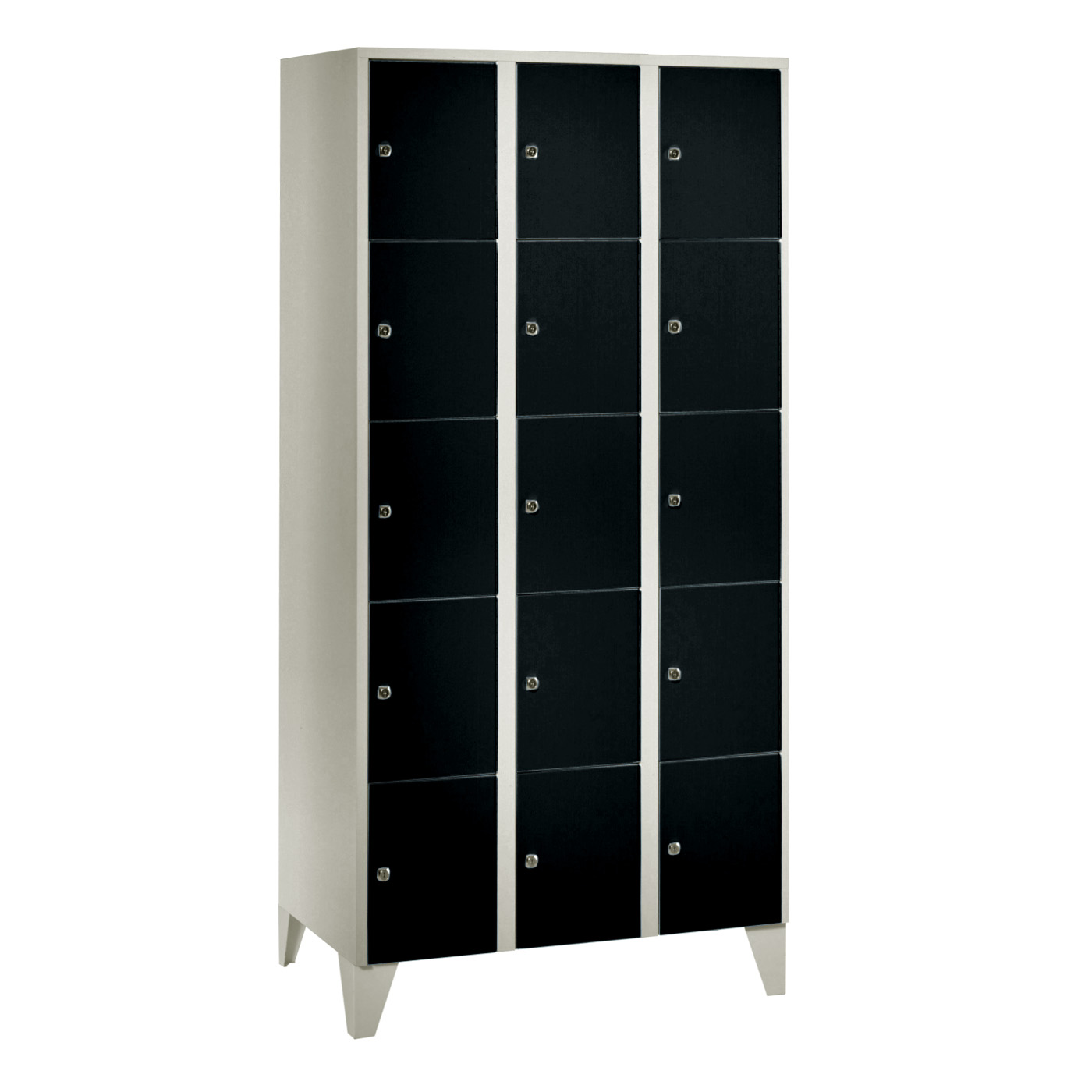 Wolf Fächerschrank Serie 72, Füße, Abteilbreite 300 mm, 3 Abteile à 5 Fächer Tiefschwarz RAL 9005