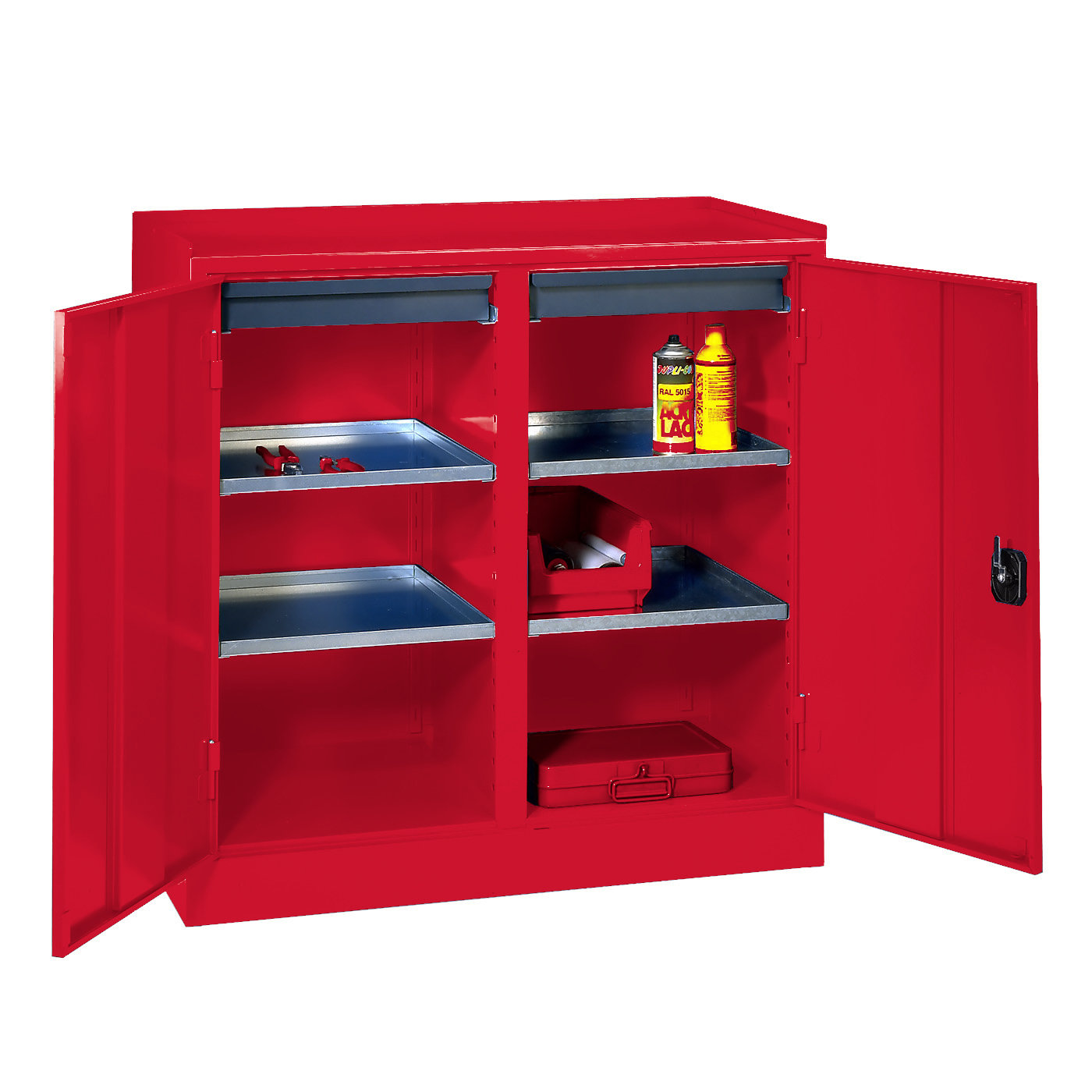 Wolf Werkzeugschrank Serie 51 Sockel Breite 1000 mm 2 Abteile 2 Schubladen 4 Fachböden Feuerrot RAL 3000