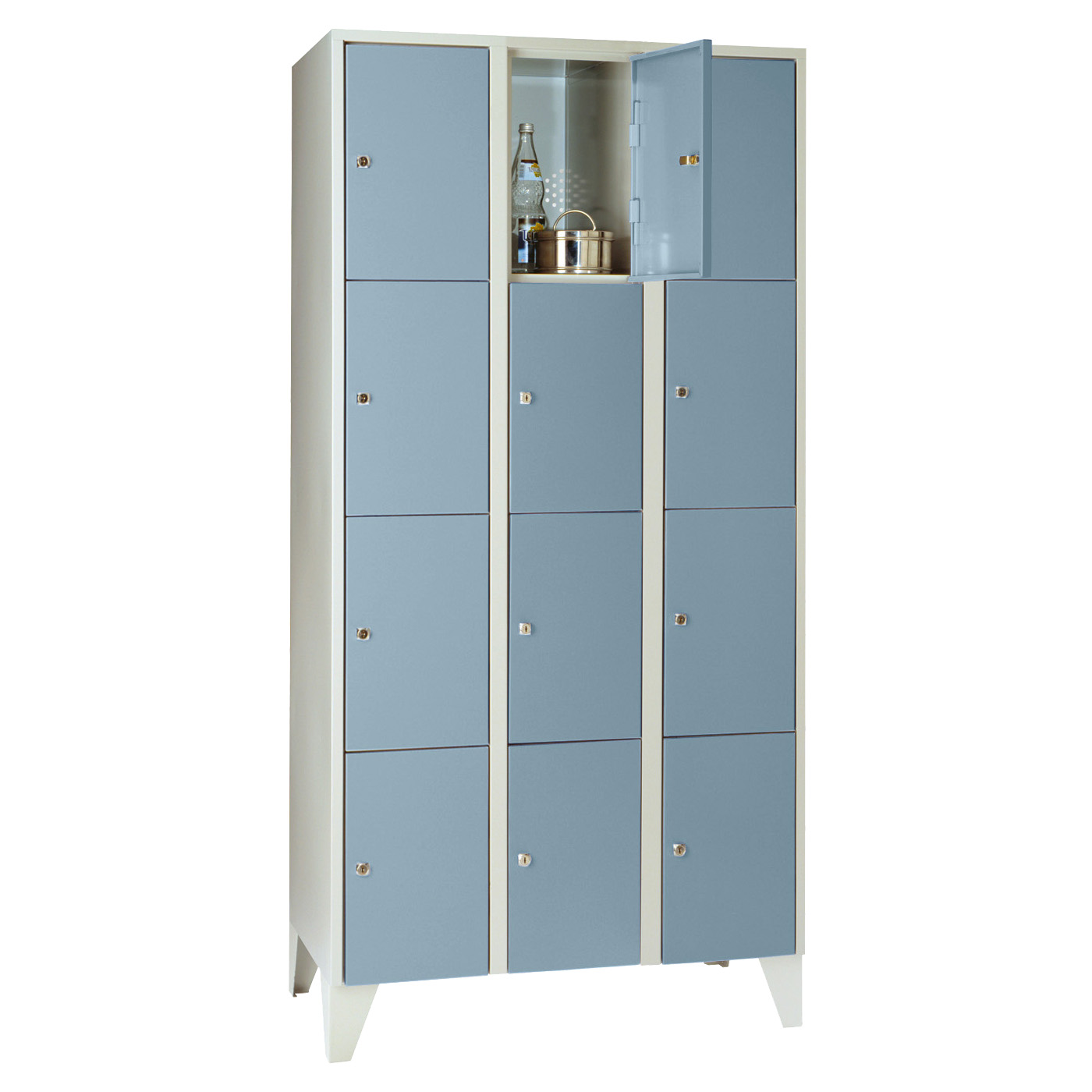 Wolf Fächerschrank Serie 72, Füße, Abteilbreite 300 mm, 3 Abteile à 4 Fächer Taubenblau RAL 5014