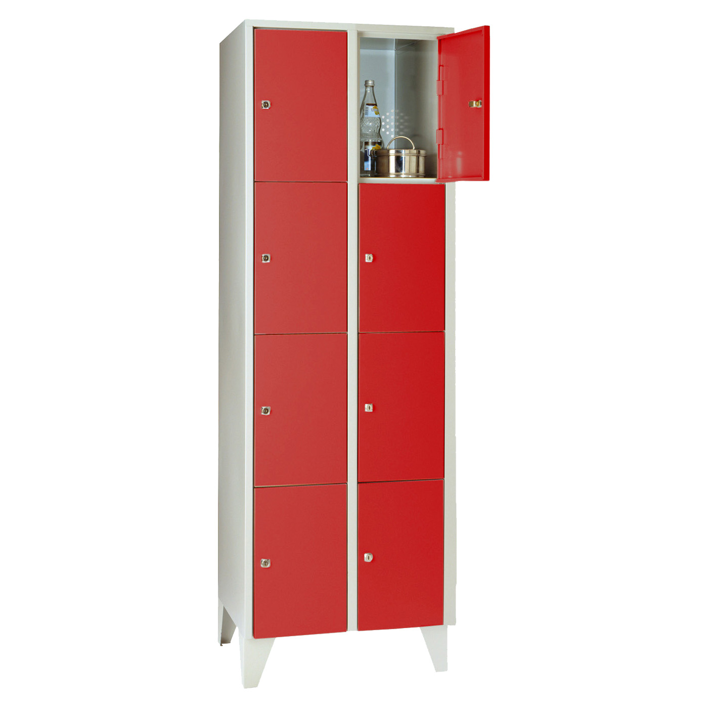 Wolf Fächerschrank Serie 72, Füße, Abteilbreite 300 mm, 2 Abteile à 4 Fächer Feuerrot RAL 3000
