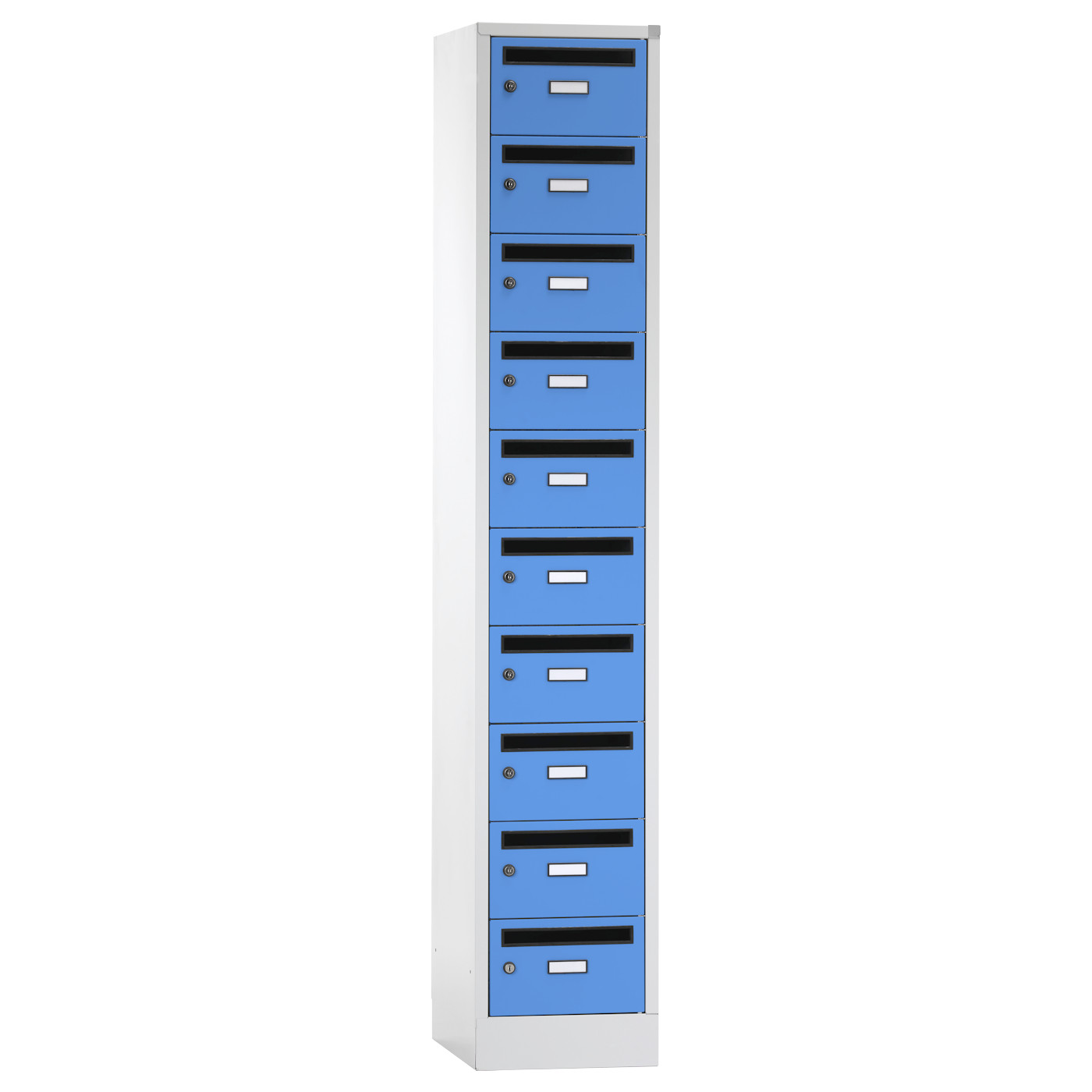 Wolf Postverteilerschrank Serie 42 PV, Sockel, Abteilbreite 350 mm, 1 Abteil à 10 Fächer Lichtblau RAL 5012