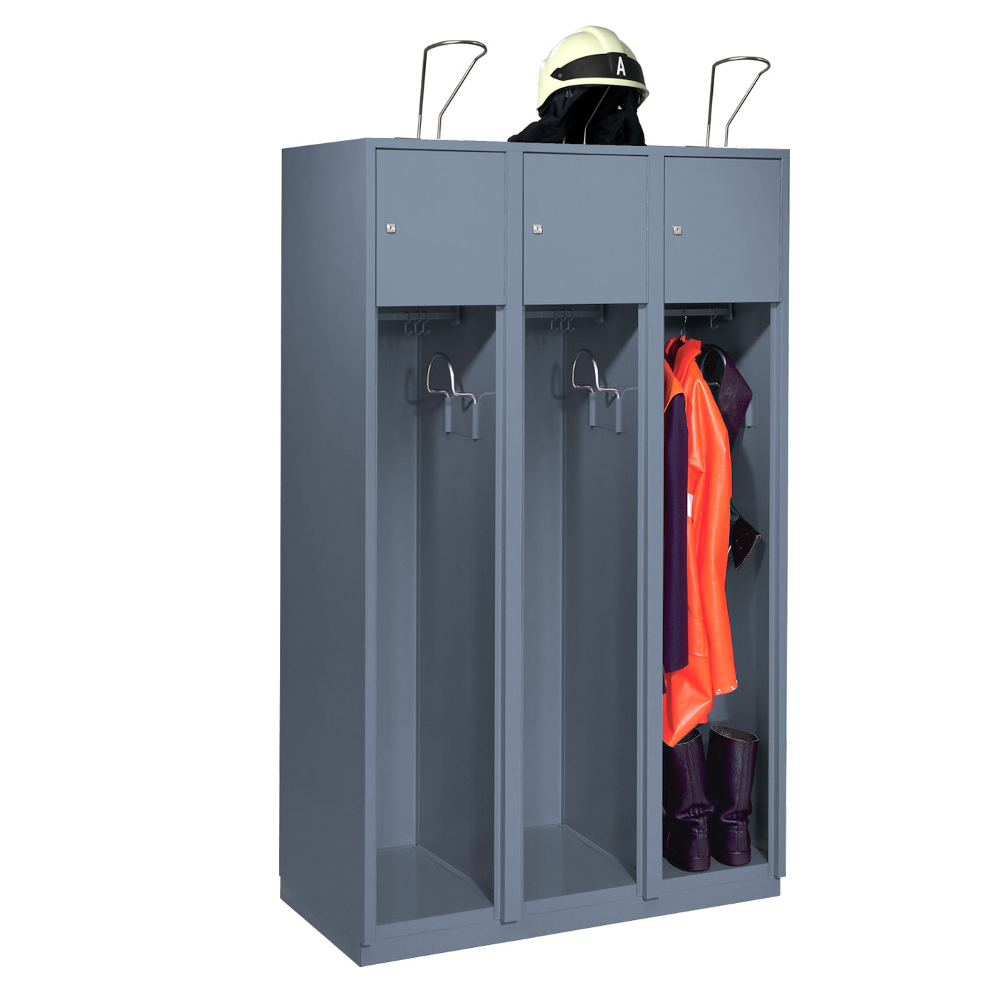 Wolf Feuerwehrschrank Serie 75 F, Sockel, Abteilbreite 400 mm, 3 Abteile Blaugrau RAL 7031