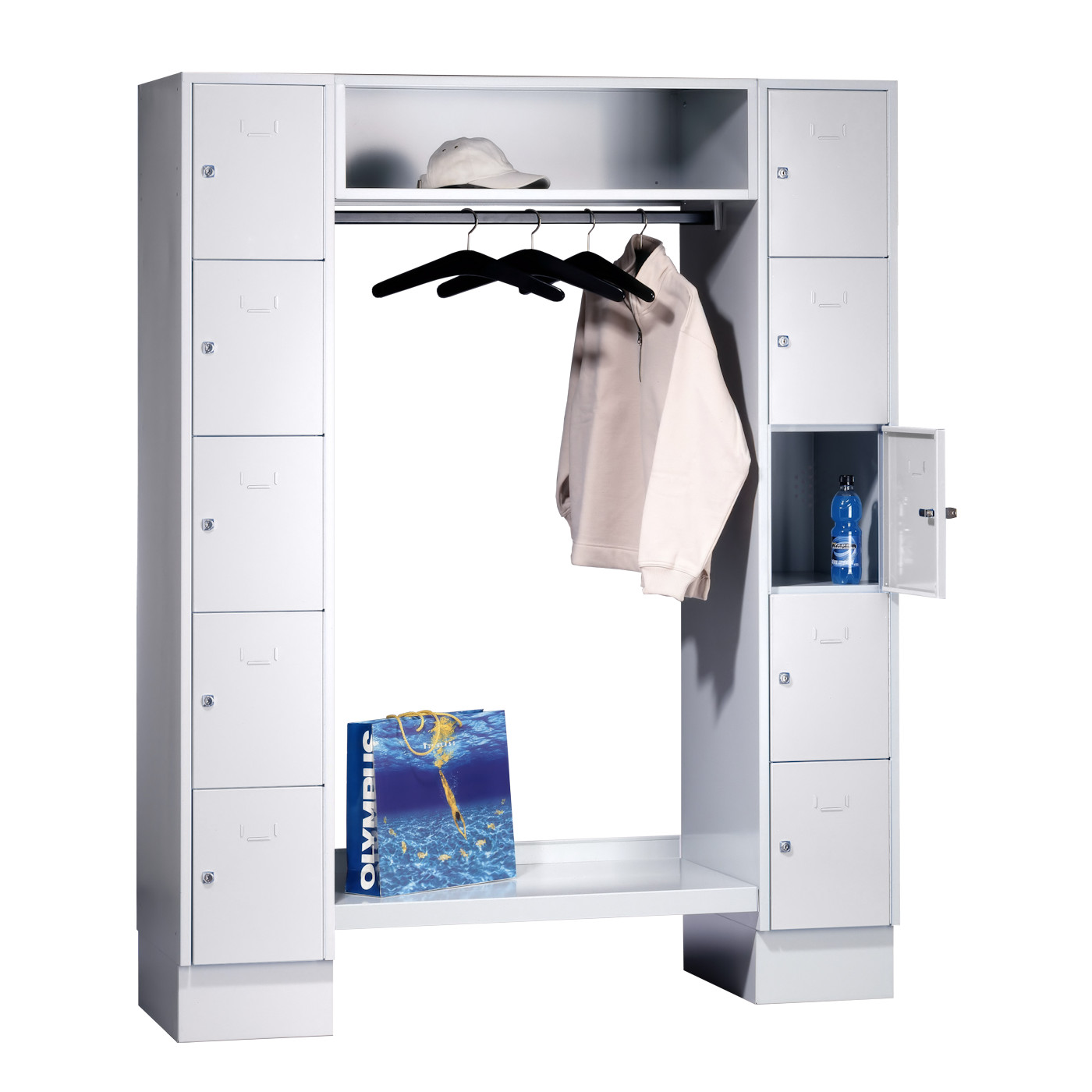Wolf Schließfachgarderoben-System Serie 78 2 Abteile Breite 300 mm 10 Fächer offene Garderobe Lichtgrau RAL 7035