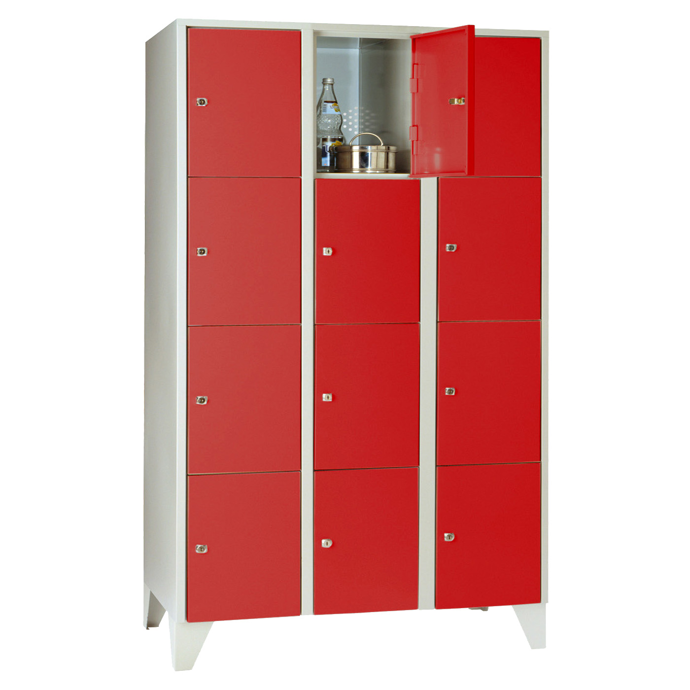 Wolf Fächerschrank Serie 72, Füße, Abteilbreite 400 mm, 3 Abteile à 4 Fächer Feuerrot RAL 3000