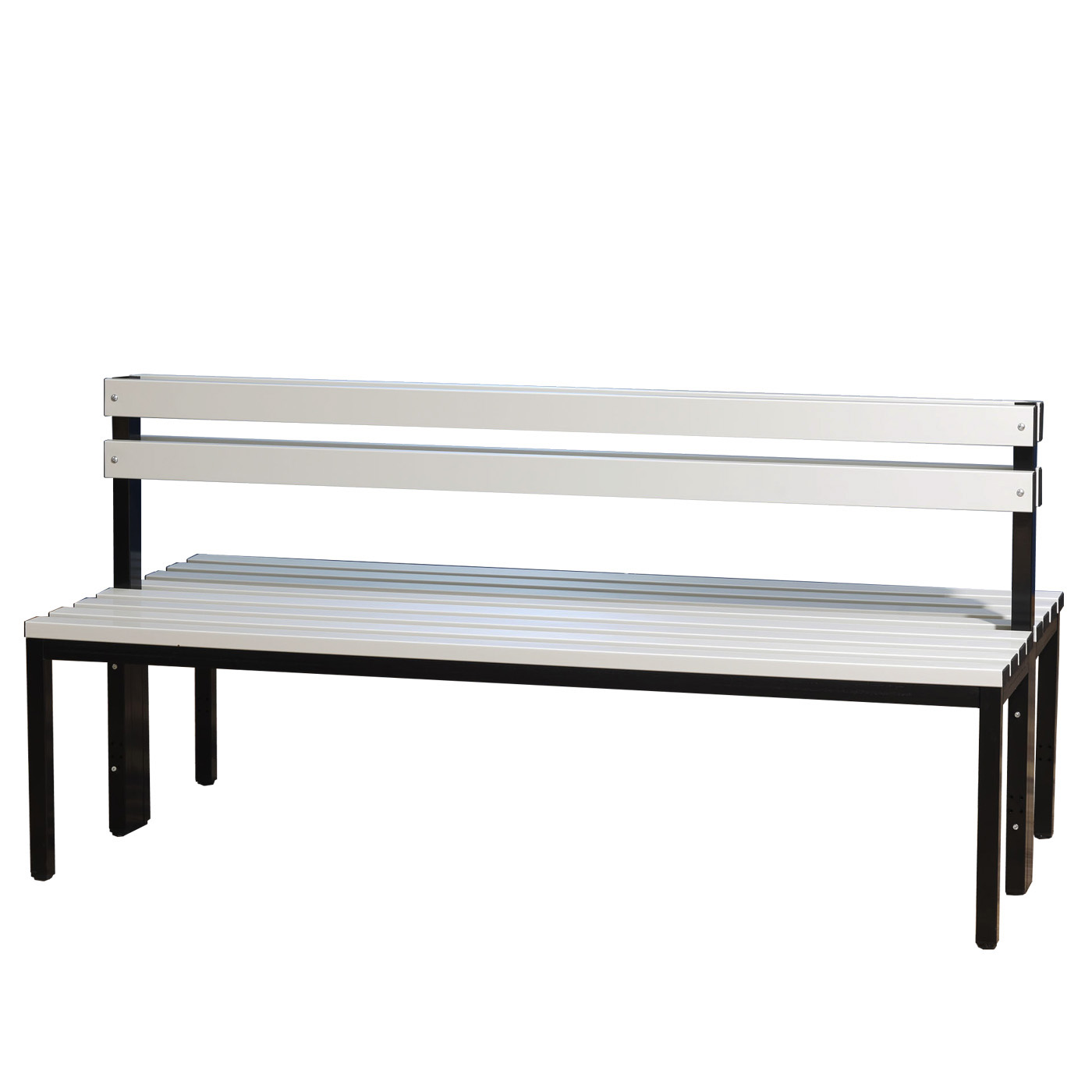 Wolf Umkleidebank Serie 105 doppelseitig Rückenlehne Sitzt. 2 x 355 mm Breite 1500 mm PVC Hellgrau