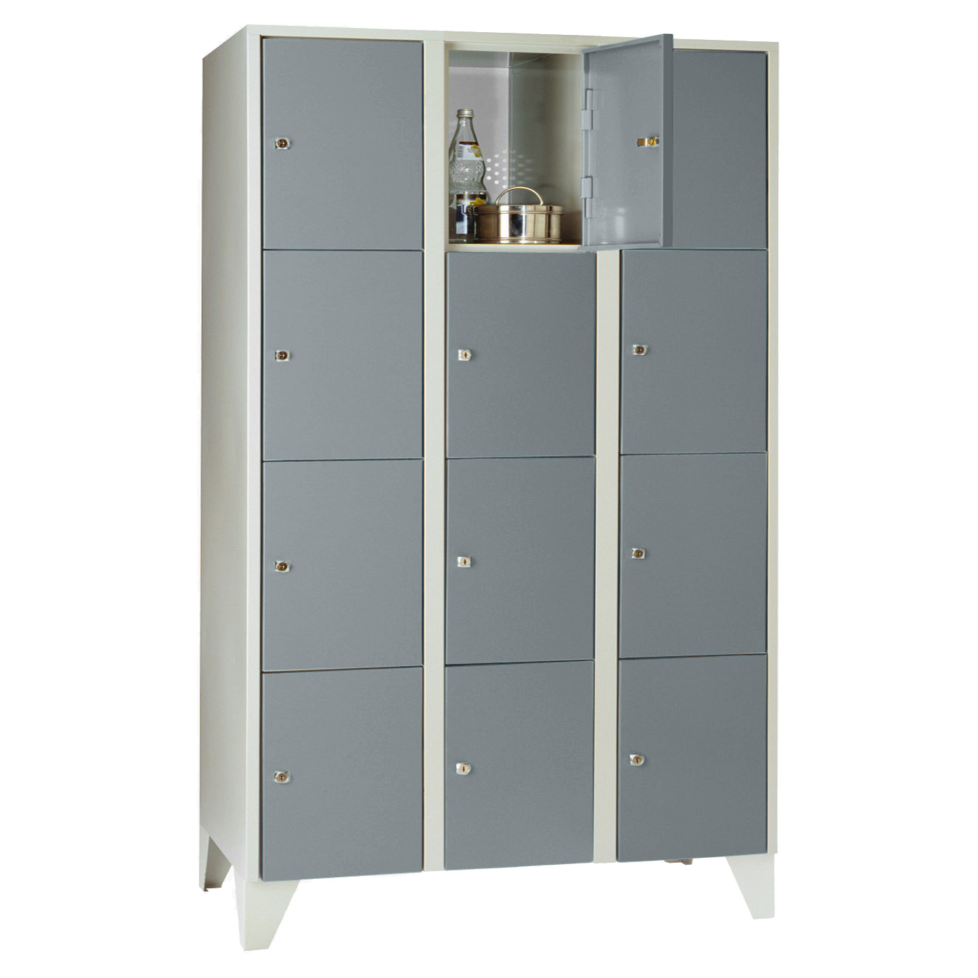 Wolf Fächerschrank Serie 72, Füße, Abteilbreite 400 mm, 3 Abteile à 4 Fächer Blaugrau RAL 7031