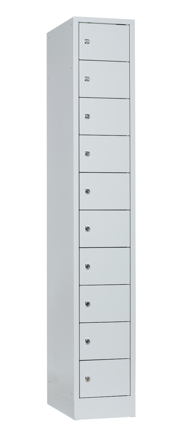 Wolf Kleingefachschrank Serie 41, Sockel, Abteilbreite 300 mm, 1 Abteil à 10 Fächer Lichtgrau RAL 7035
