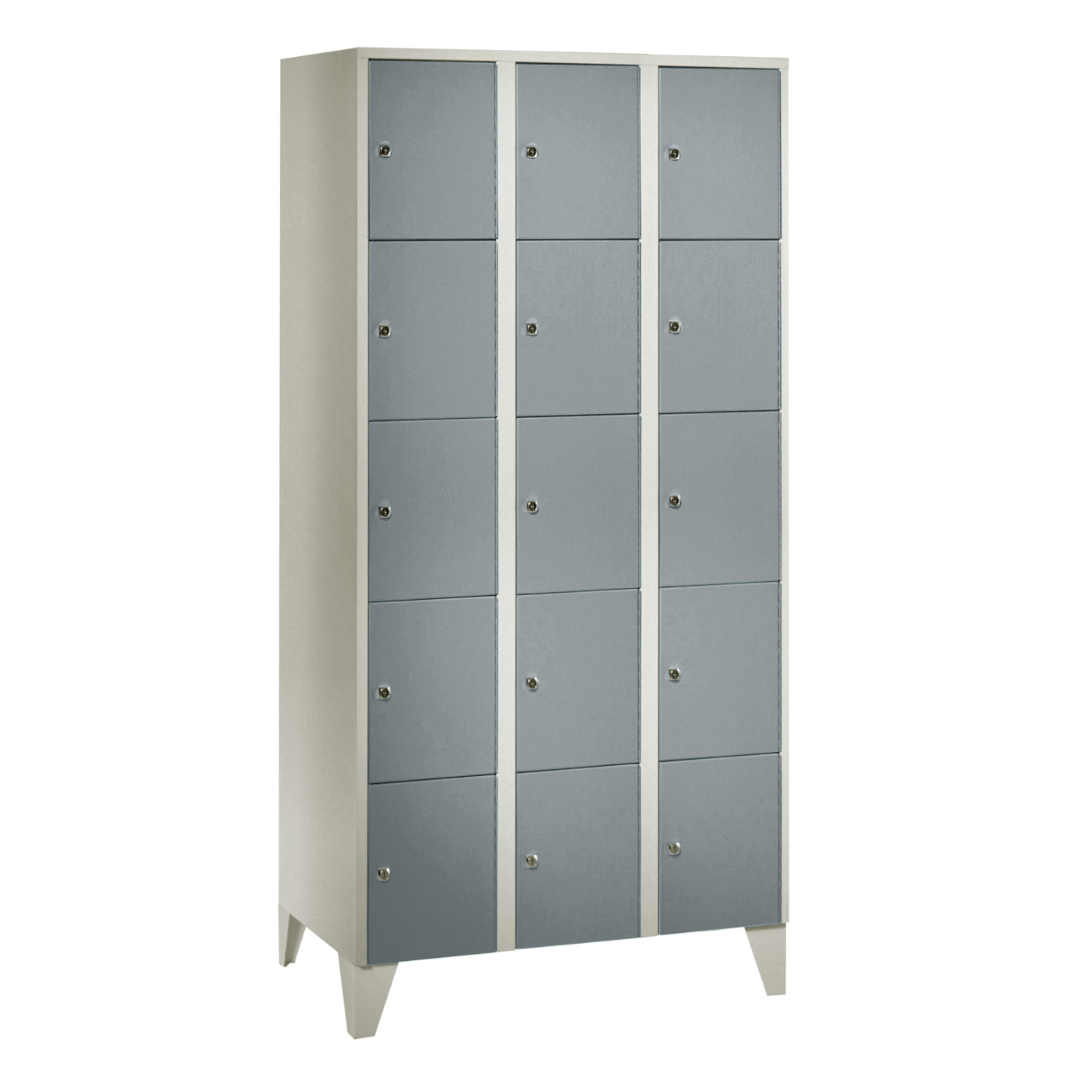 Wolf Fächerschrank Serie 72, Füße, Abteilbreite 300 mm, 3 Abteile à 5 Fächer Blaugrau RAL 7031