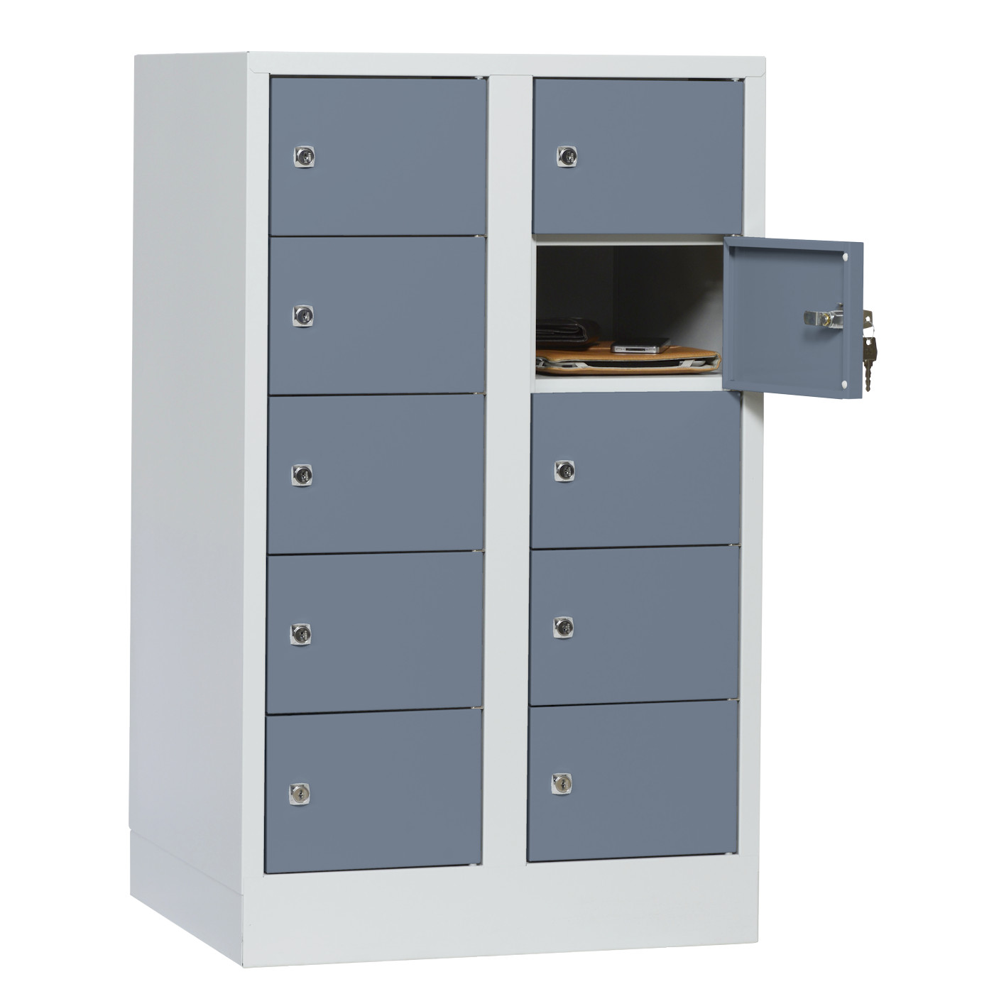 Wolf Kleingefachschrank Serie 41, Sockel, Abteilbreite 300 mm, 2 Abteile à 5 Fächer Blaugrau RAL 7031