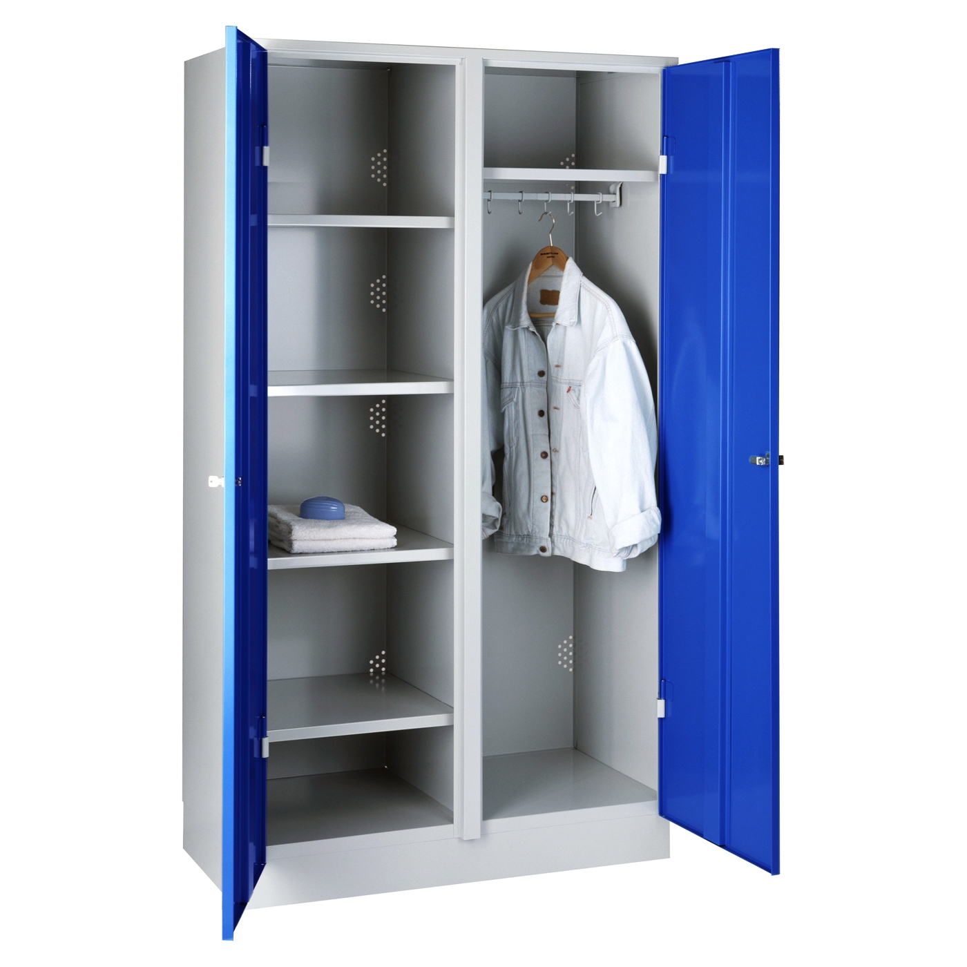 Wolf Garderoben-Wäscheschrank und Spind Serie 75 C, Sockel, Abteilbreite 500 mm, 2 Abteile Enzianblau RAL 5010