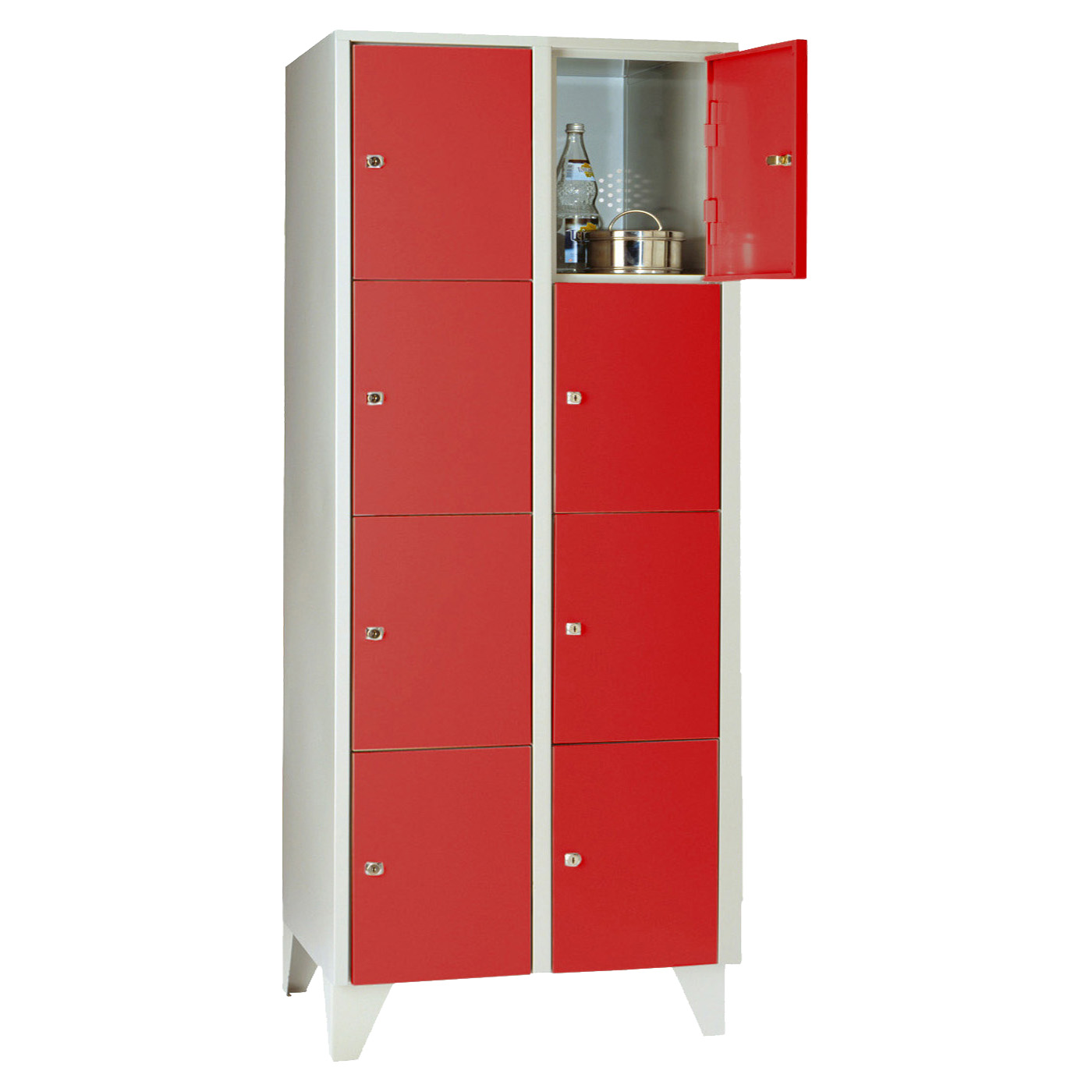 Wolf Fächerschrank Serie 72, Füße, Abteilbreite 400 mm, 2 Abteile à 4 Fächer Feuerrot RAL 3000