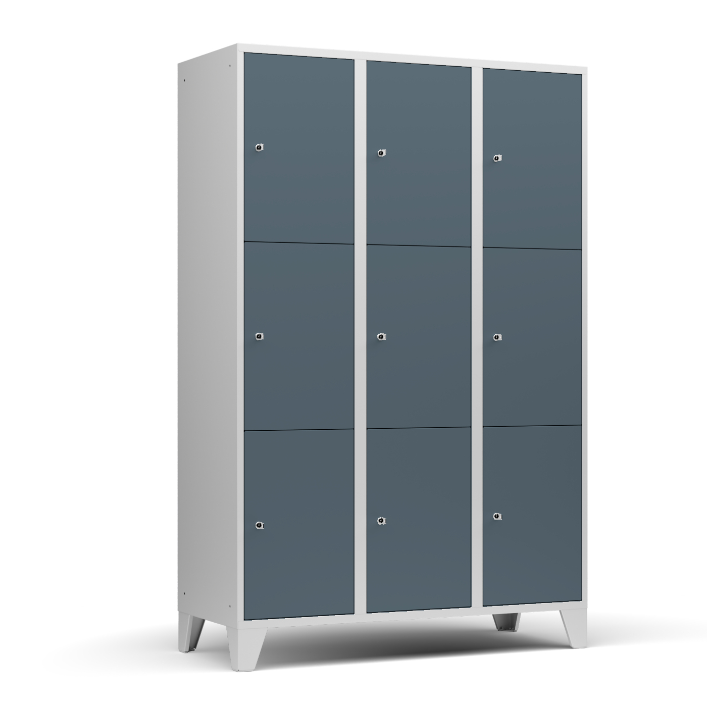 Wolf Fächerschrank Serie 72, Füße, Abteilbreite 400 mm, 3 Abteile à 3 Fächer Blaugrau RAL 7031