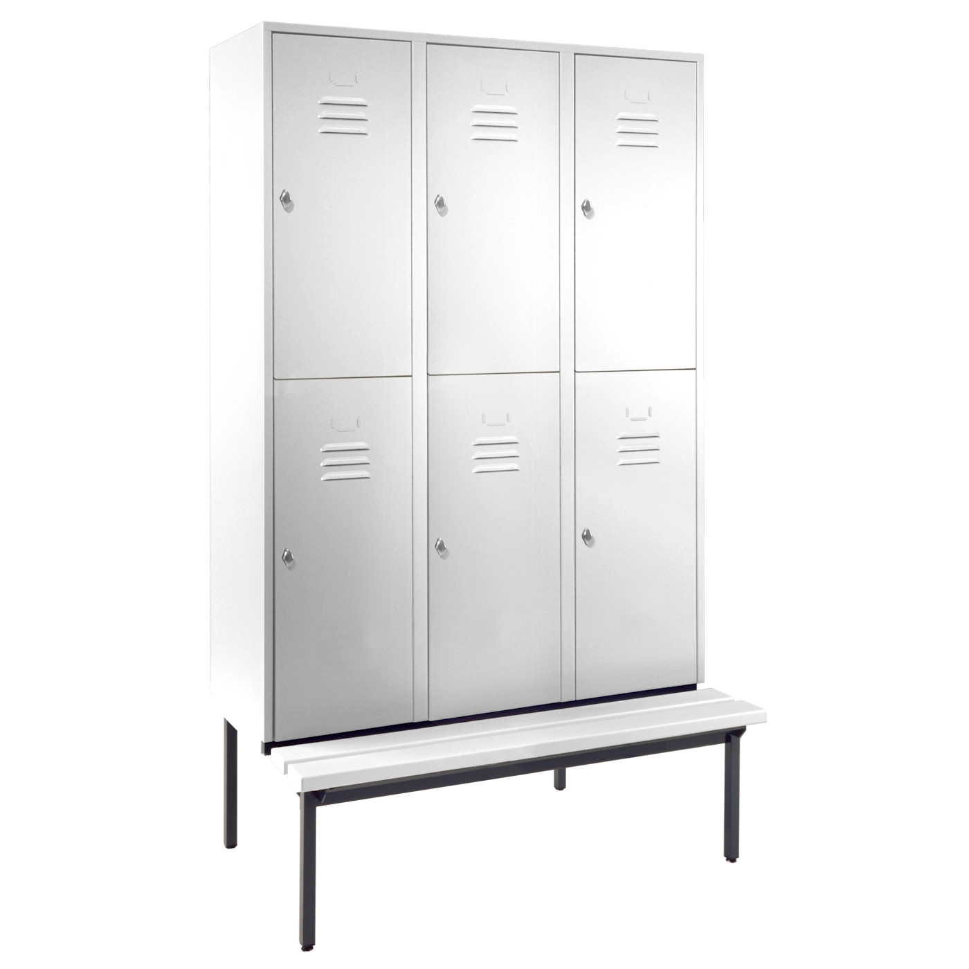 Wolf Spind Serie 74 U doppelstöckig Sitzbankuntergestell Abteilbreite 400 mm 3 Abteile 6 Fächer Lichtgrau RAL 7035
