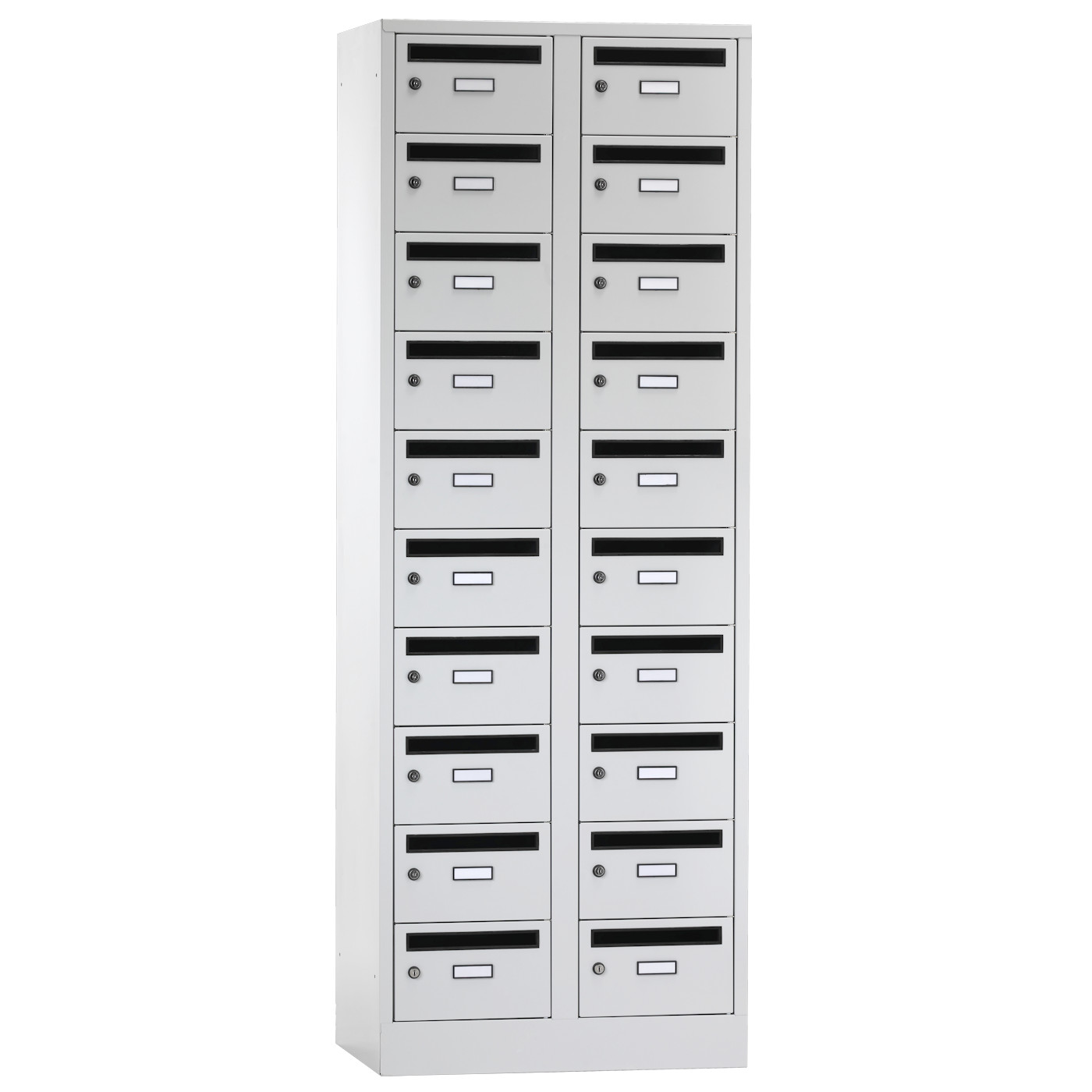 Wolf Postverteilerschrank Serie 42 PV, Sockel, Abteilbreite 350 mm, 2 Abteile à 10 Fächer Lichtgrau RAL 7035