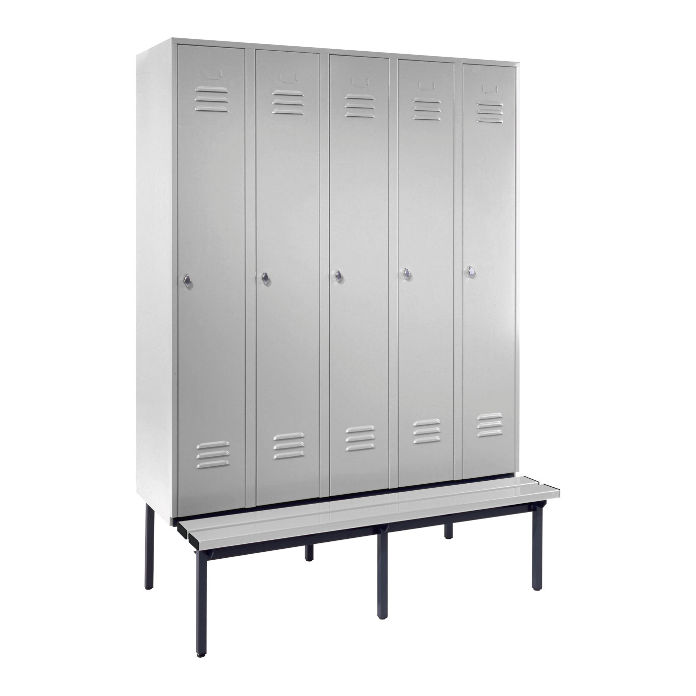 Wolf Spind Serie 75 U mit Sitzbankuntergestell, Abteilbreite 300 mm, 5 Abteile Lichtgrau RAL 7035