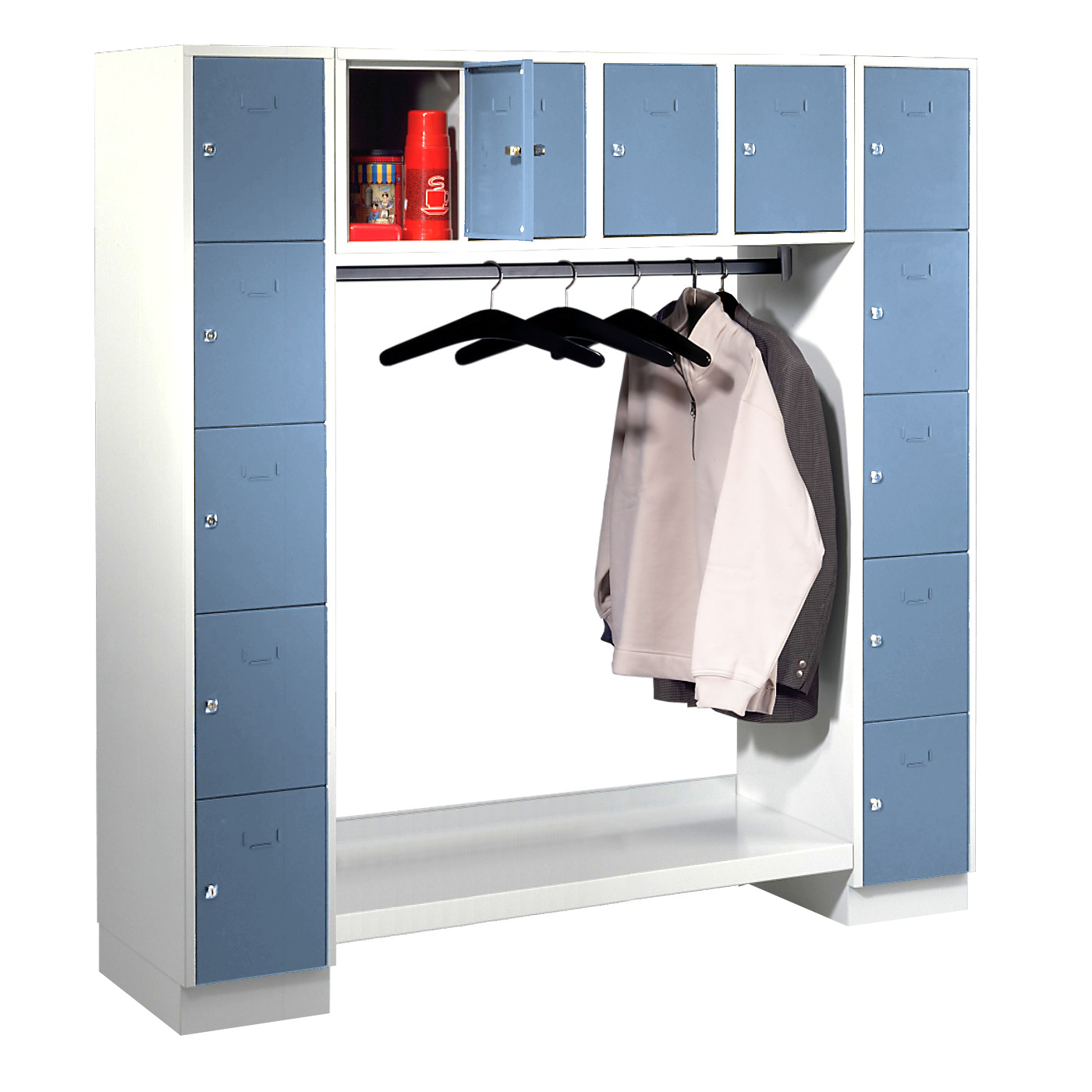Wolf Schließfachgarderoben-System Serie 78 2 Abteile Breite 300 mm 14 Fächer offene Garderobe Taubenblau RAL 5014