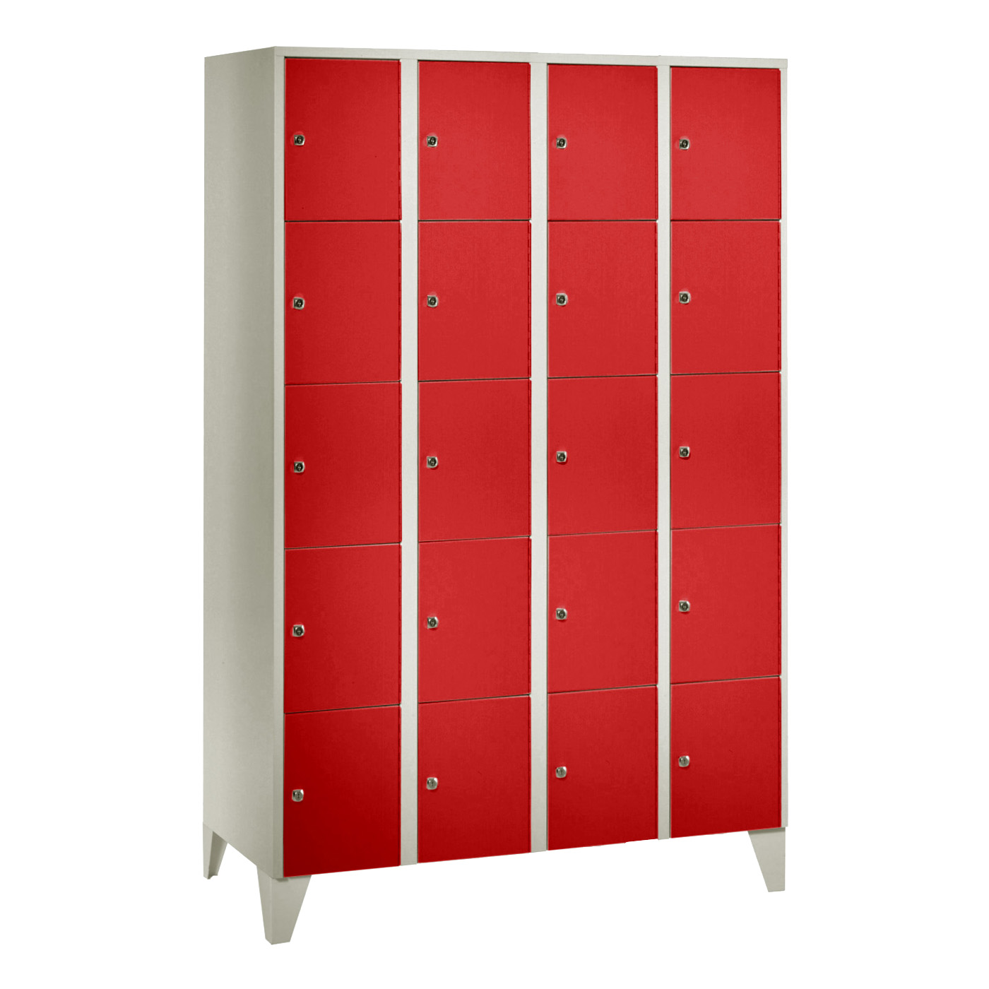 Wolf Fächerschrank Serie 72, Füße, Abteilbreite 300 mm, 4 Abteile à 5 Fächer Feuerrot RAL 3000
