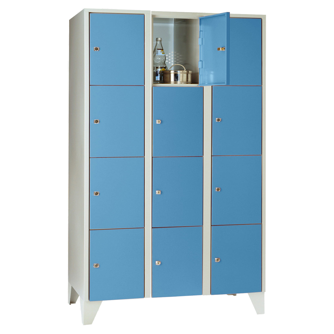 Wolf Fächerschrank Serie 72, Füße, Abteilbreite 400 mm, 3 Abteile à 4 Fächer Lichtblau RAL 5012