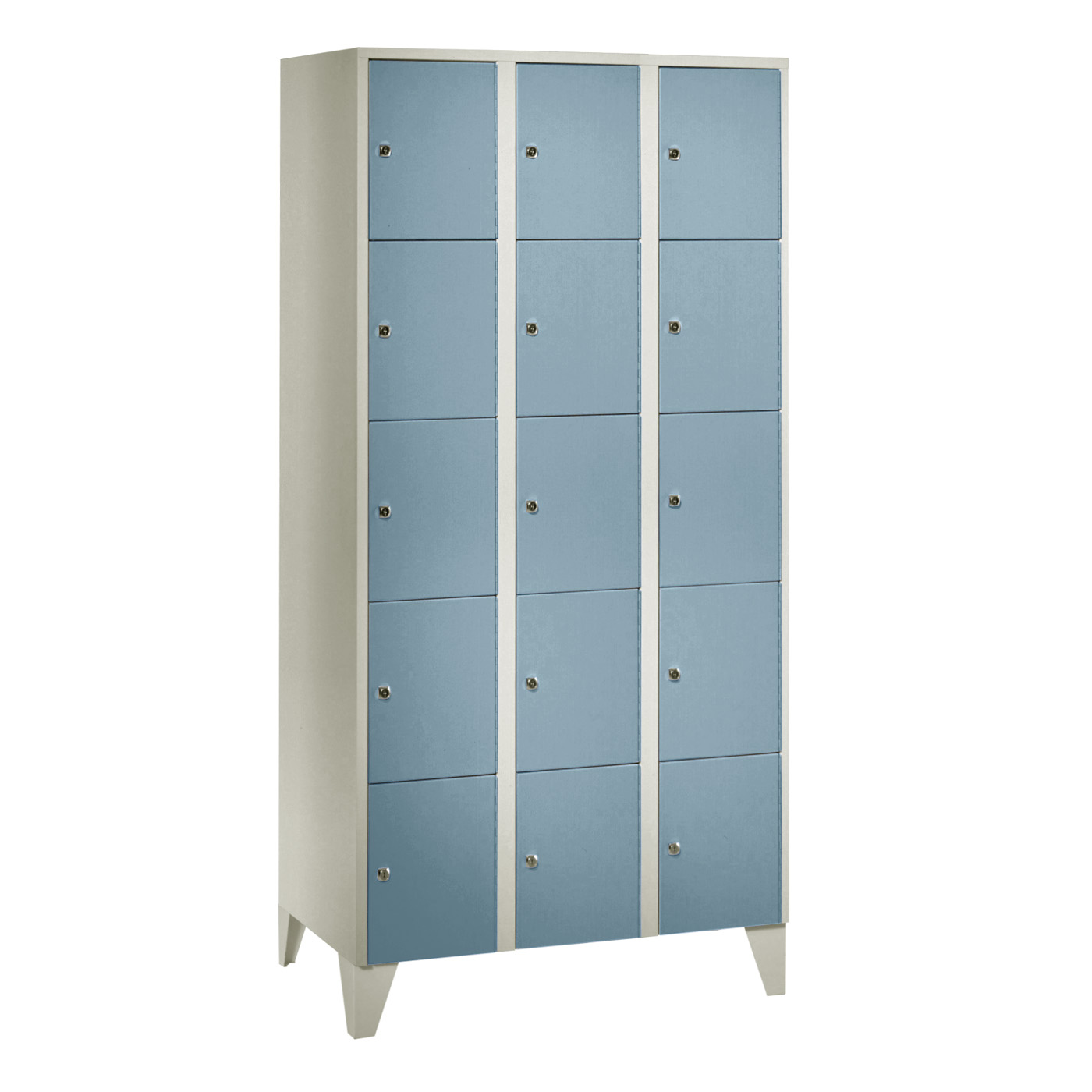 Wolf Fächerschrank Serie 72, Füße, Abteilbreite 300 mm, 3 Abteile à 5 Fächer Taubenblau RAL 5014