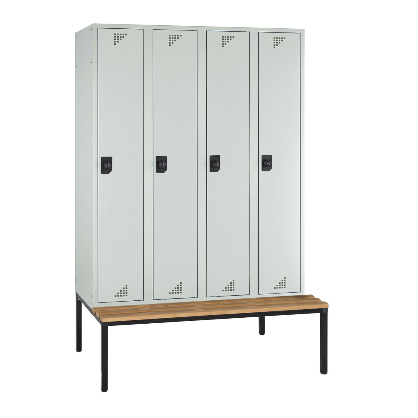 Wolf Spind Serie 82 U mit Sitzbankuntergestell, Abteilbreite 300 mm, 4 Abteile Lichtgrau RAL 7035