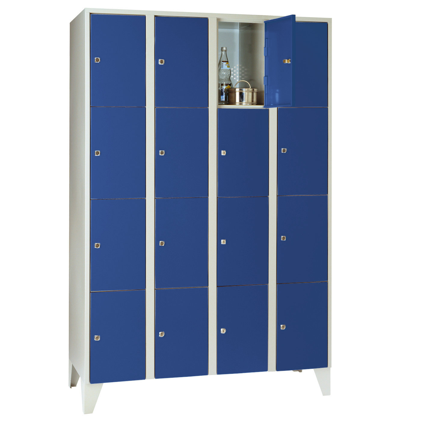 Wolf Fächerschrank Serie 72, Füße, Abteilbreite 300 mm, 4 Abteile à 4 Fächer Enzianblau RAL 5010