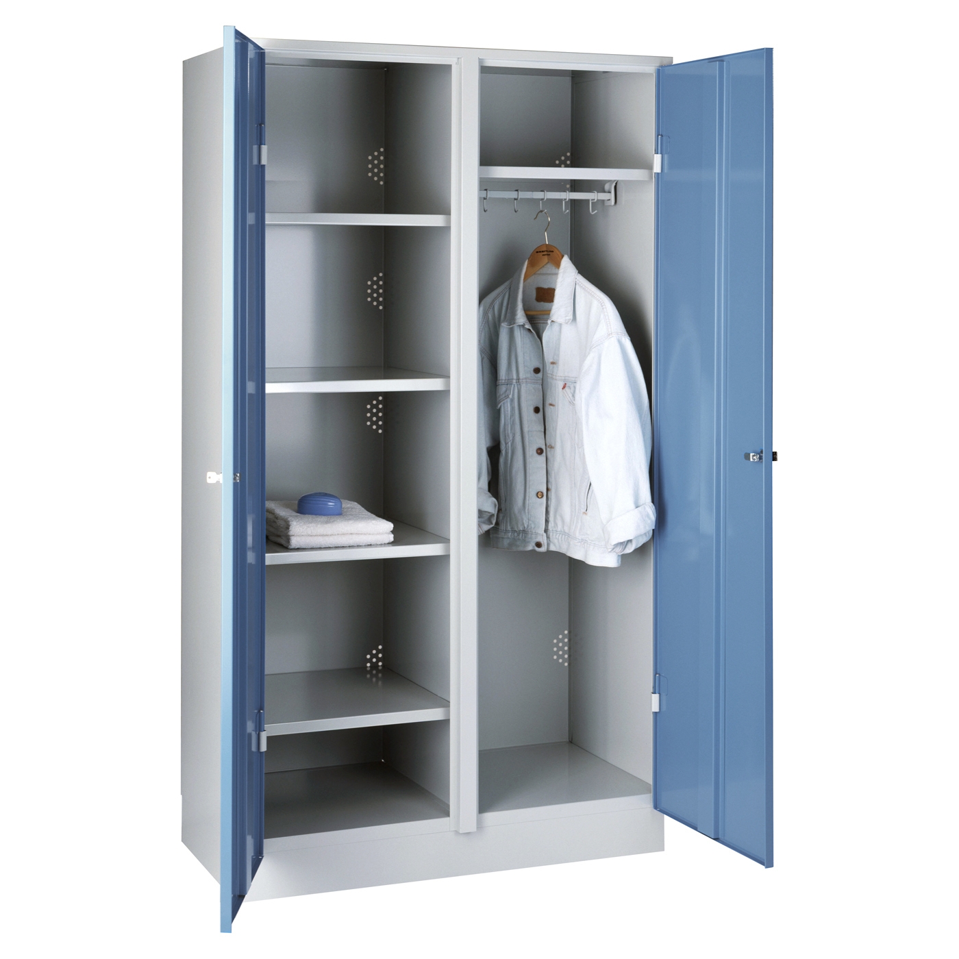 Wolf Garderoben-Wäscheschrank und Spind Serie 75 C, Sockel, Abteilbreite 500 mm, 2 Abteile Taubenblau RAL 5014