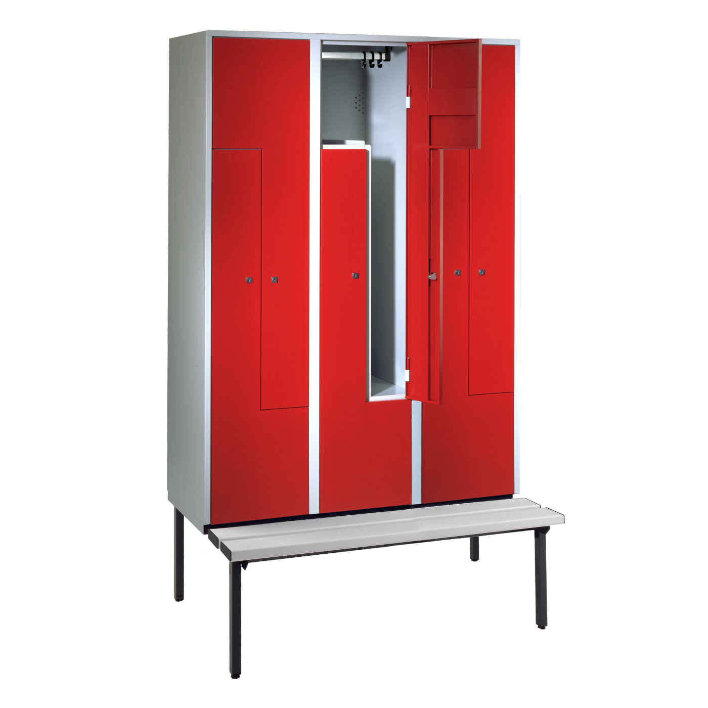 Wolf Z-Spind Serie 71 ZU, Sitzbankuntergestell, 6 Fächer mit einer Breite von je 200/400 mm Feuerrot RAL 3000