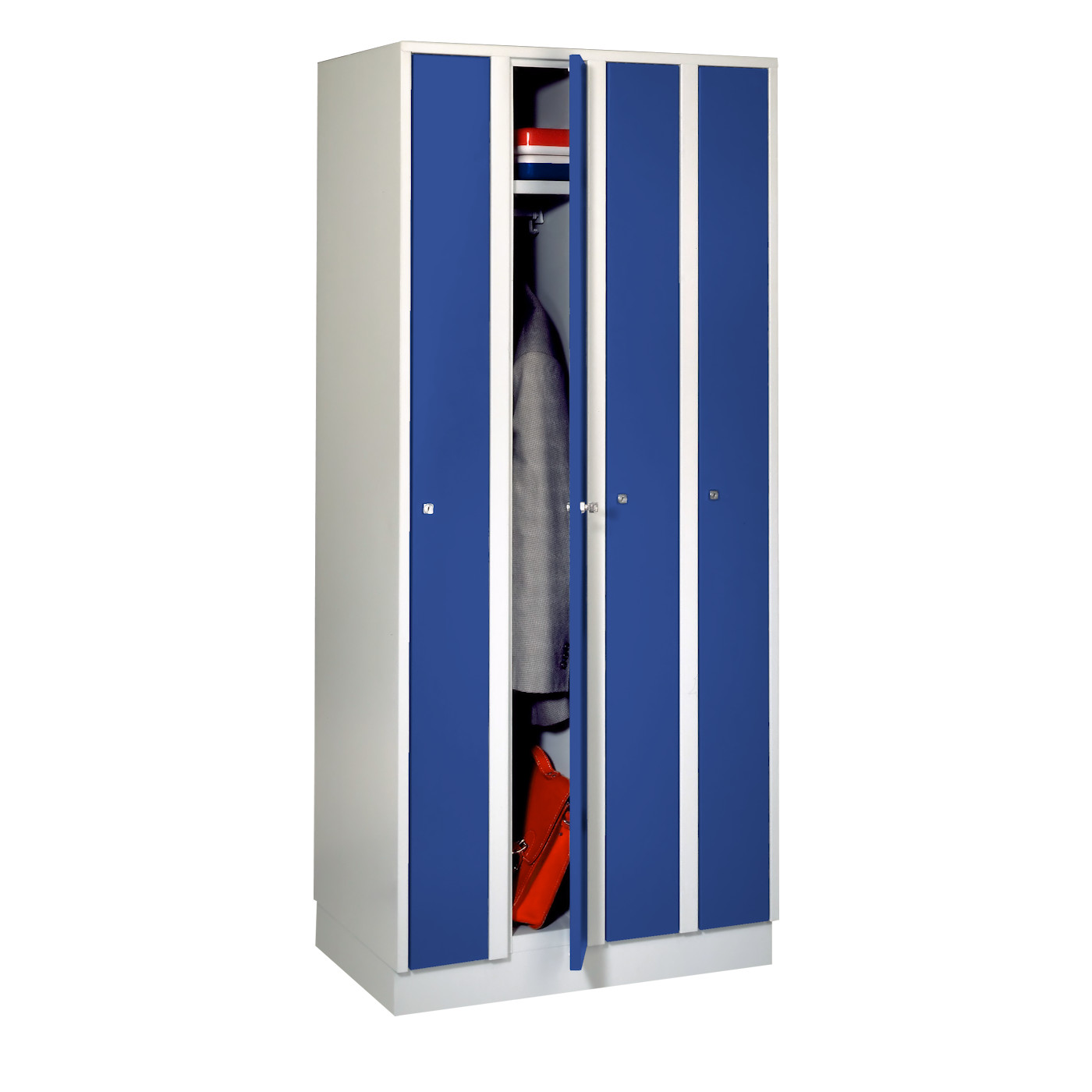Wolf Raumspar-Spind Serie 71 R, Sockel, 4 Abteile mit einer Abteilbreite von je 200 mm Enzianblau RAL 5010