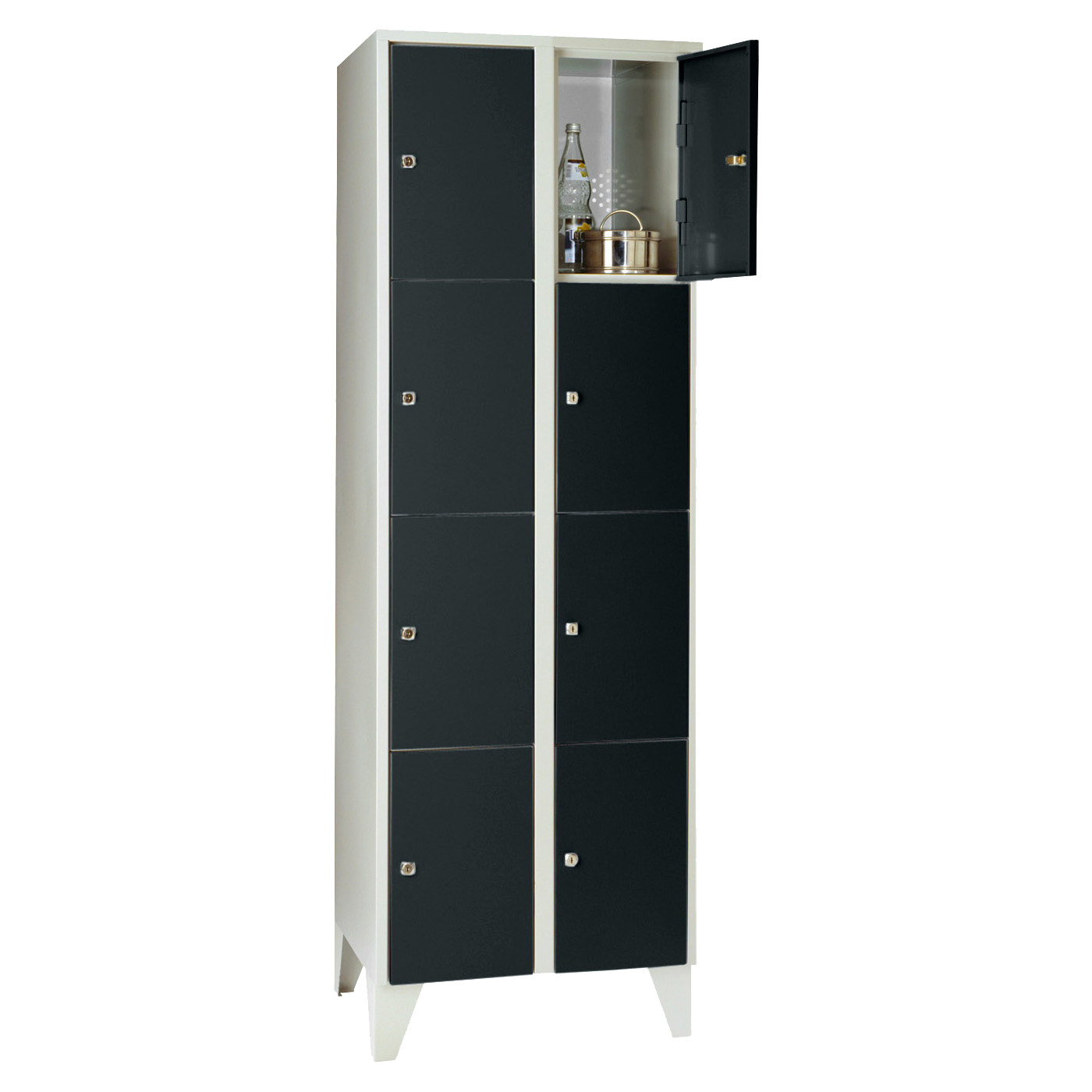 Wolf Fächerschrank Serie 72, Füße, Abteilbreite 300 mm, 2 Abteile à 4 Fächer Tiefschwarz RAL 9005