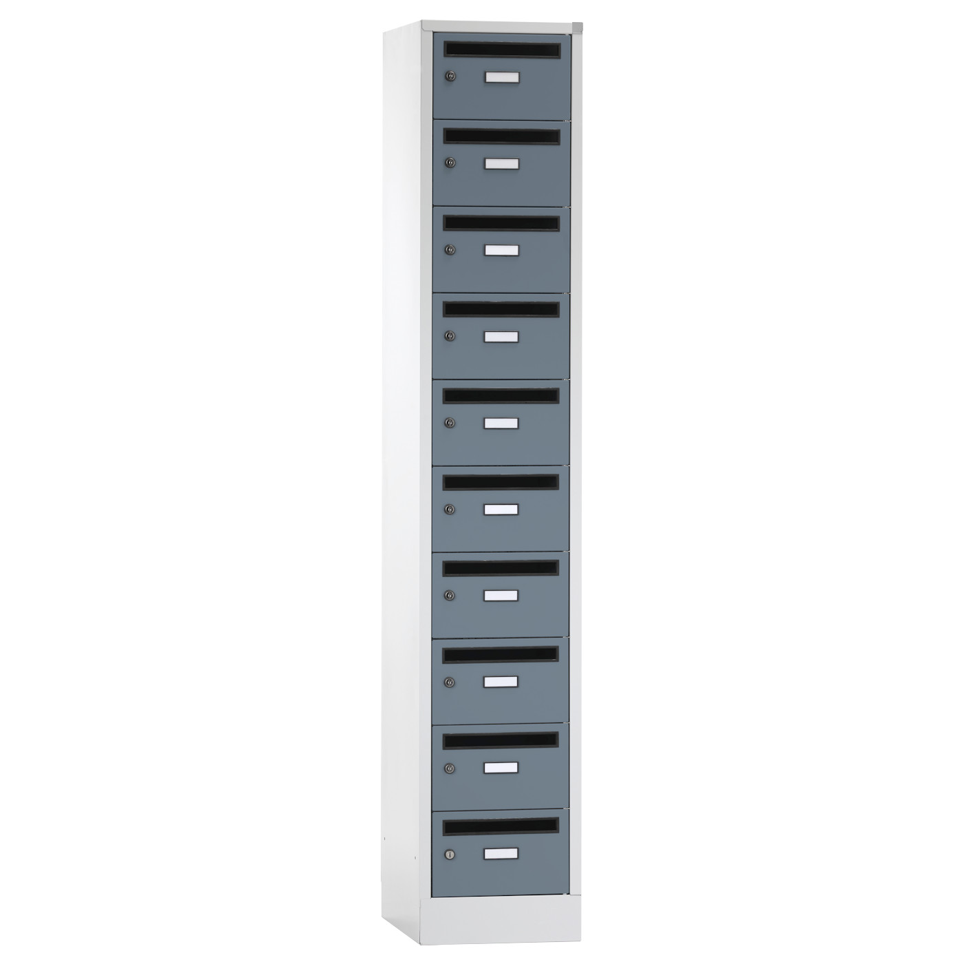 Wolf Postverteilerschrank Serie 42 PV, Sockel, Abteilbreite 350 mm, 1 Abteil à 10 Fächer Blaugrau RAL 7031