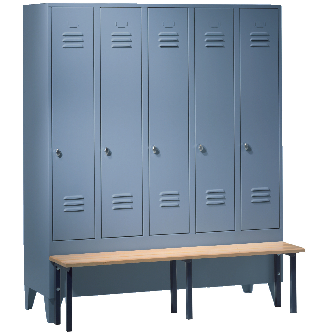 Wolf Spind Serie 75 S mit Sitzbank, Abteilbreite 300 mm, 5 Abteile Blaugrau RAL 7031