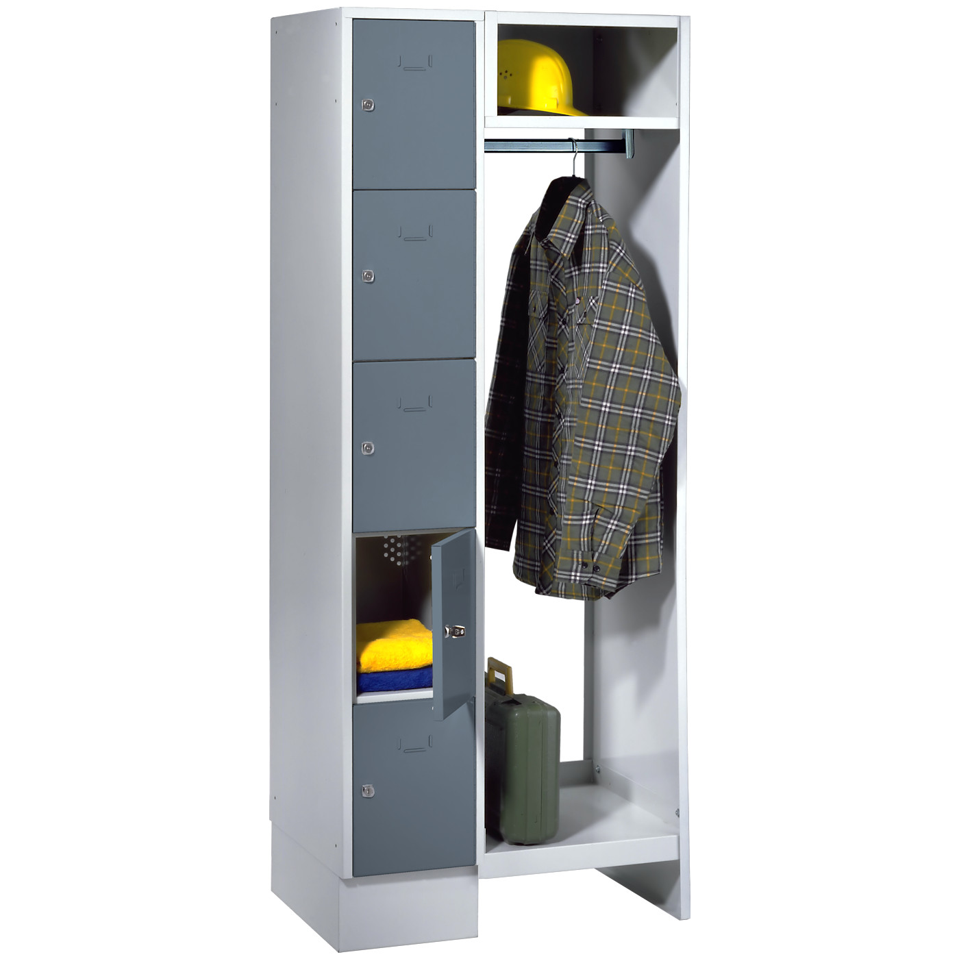 Wolf Schließfachgarderoben-System Serie 78 1 Abteil Breite 300 mm, 5 Fächer, offene Garderobe Blaugrau RAL 7031
