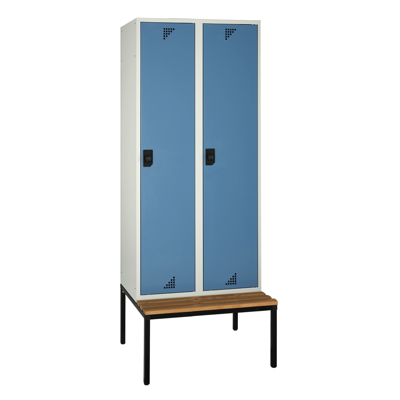 Wolf Spind Serie 82 U mit Sitzbankuntergestell, Abteilbreite 400 mm, 2 Abteile Brillantblau RAL 5007
